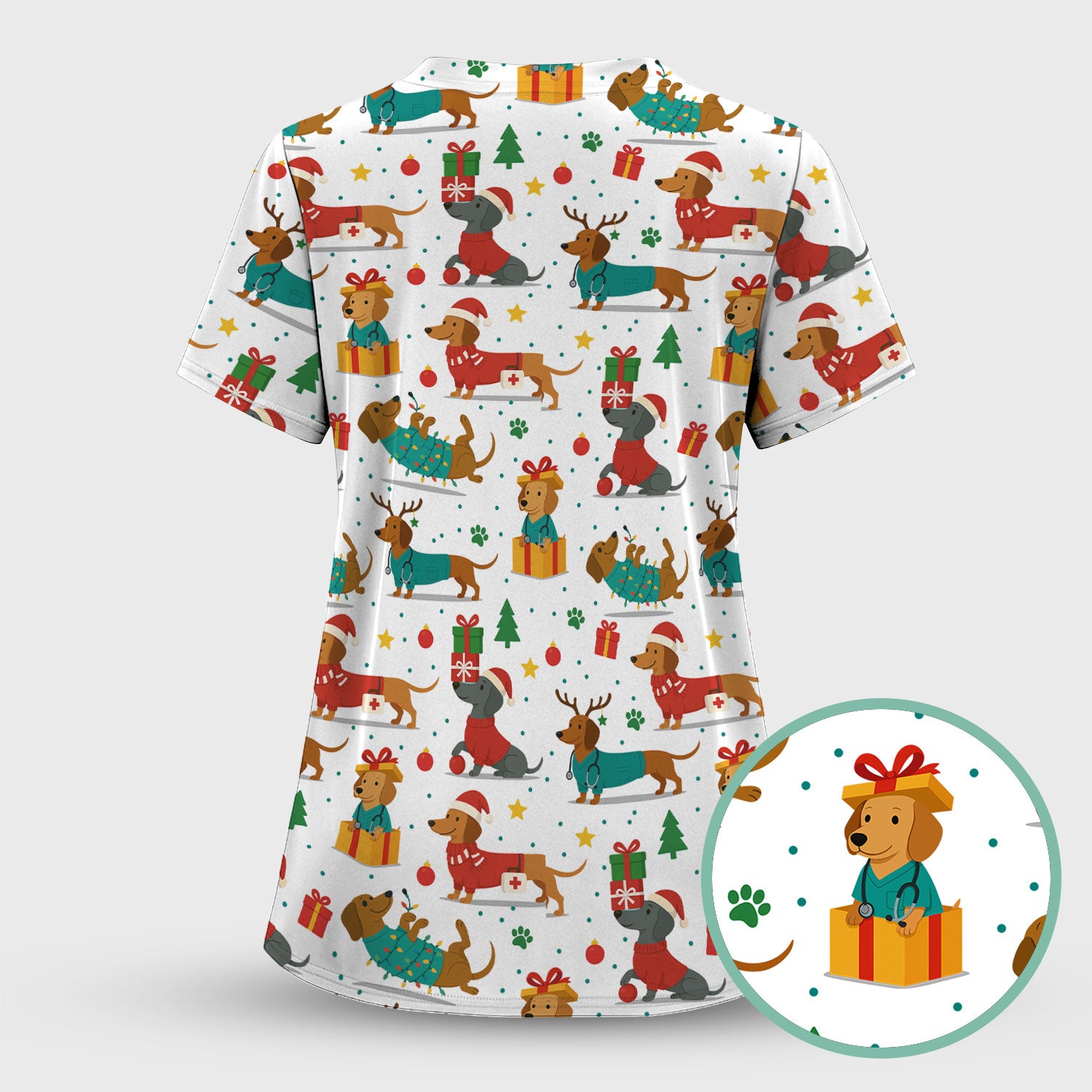 Dachshund Scrub Top Christmas - Cute Dog Nurse Shirt - Holiday Medical Scrubs Gift for Women CNA RN Doctor