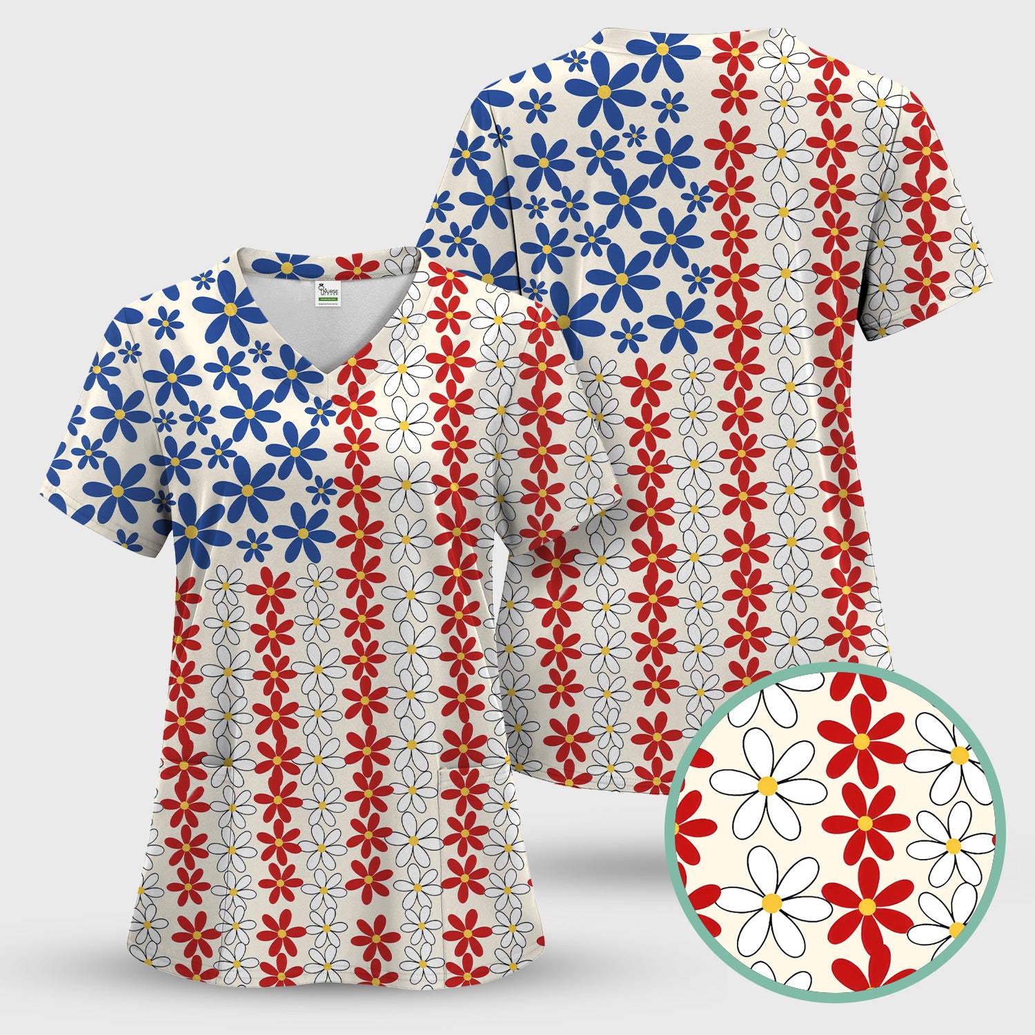 Retro Red Blue Daisy Stripe Pattern Scrub Top, Breathable Fabrics Nursing Uniform