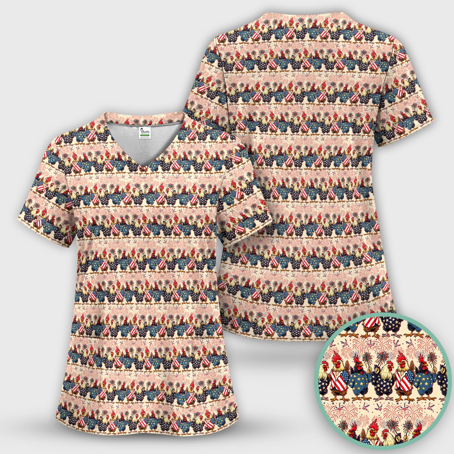 Patriotic Rooster Fireworks Pattern Scrub Set, Scrub Pants and V Neck Top
