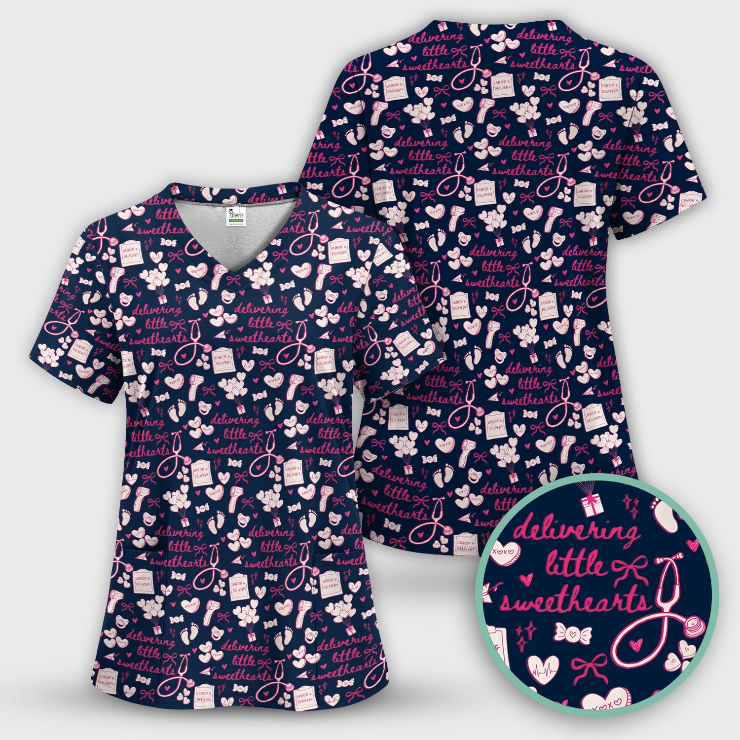 Valentine Labor And Delivery Scrub Top, XOXO Pattern Scrub Shirt, Breathable Fabrics Nursing Uniform For Women