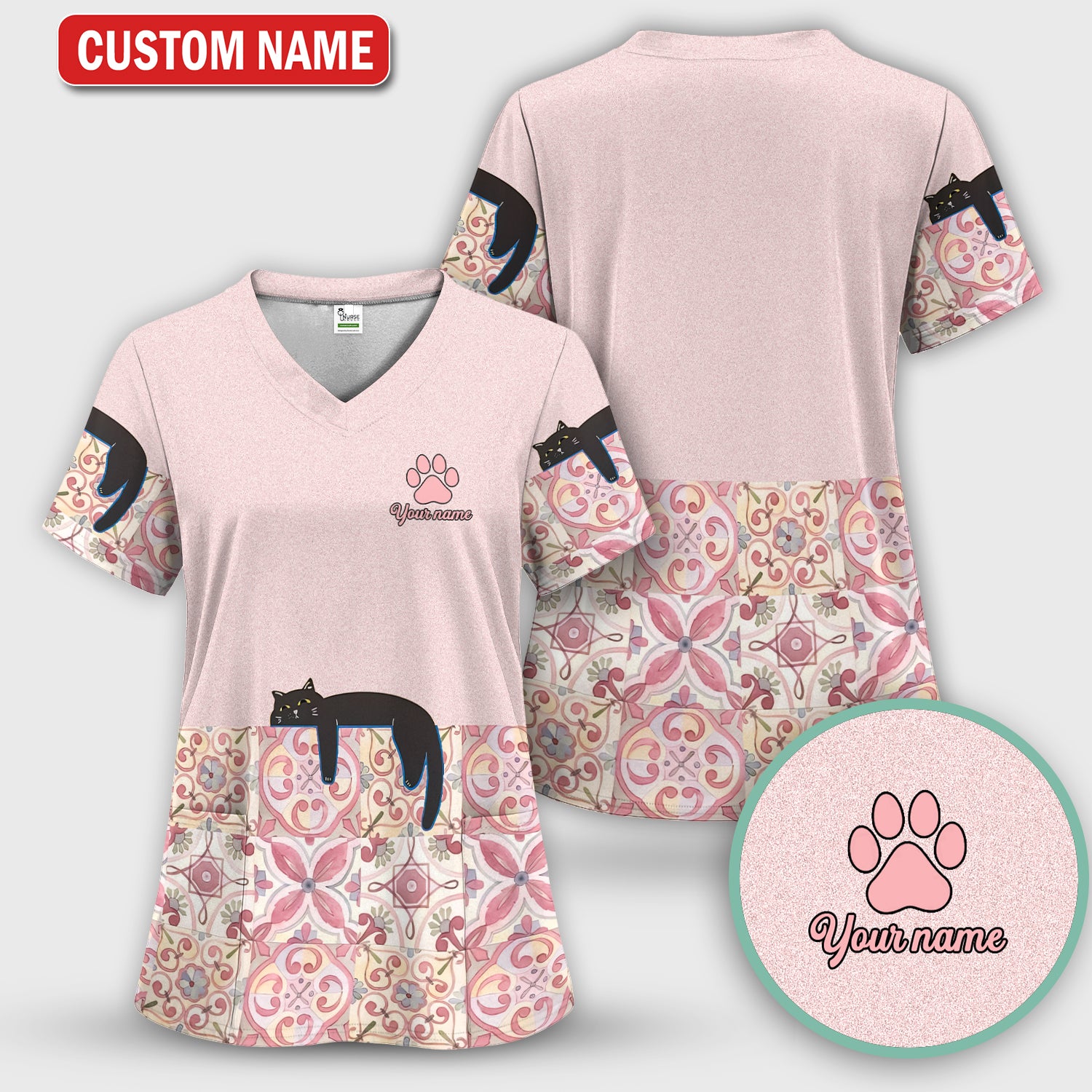 Custom Name Pink Floral Nurse Shirt, Personalized Black Cat Scrub Set For Women, Breathable Fabrics Nursing Uniform