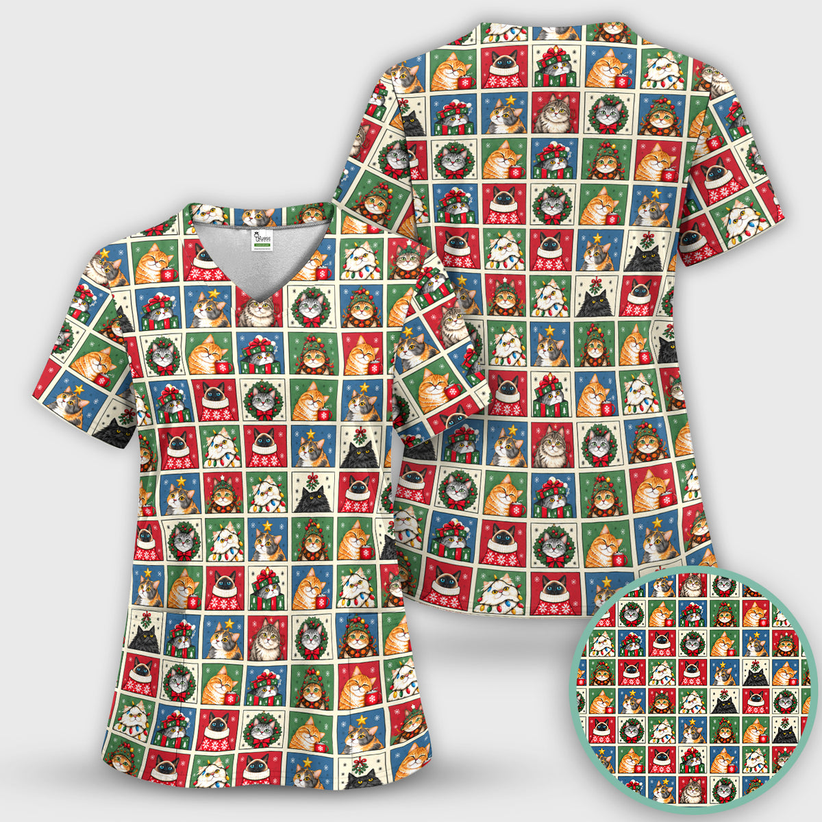 Cute Christmas Cat Patchwork Scrub Top, Comfortable Scrubs for Nurses