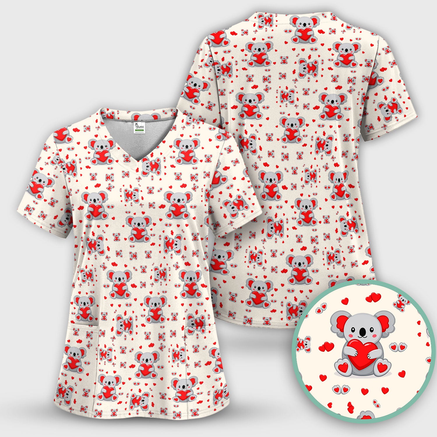 Valentine Cute Koala Heart Pattern Medical Outfit, Women's Scrub Sets