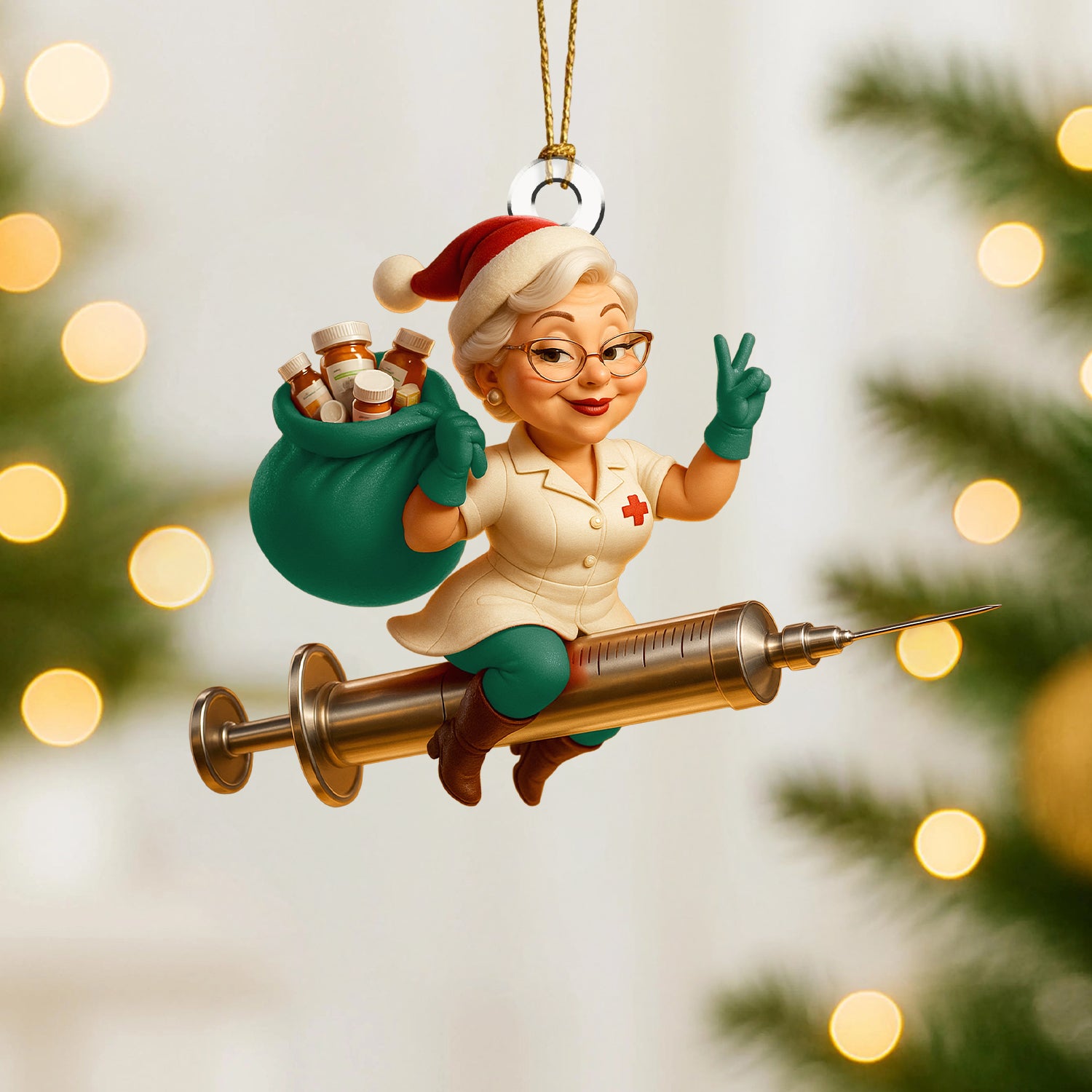 Funny Nurse Christmas Ornament, Custom Healthcare Worker Ornament, Santa Nurse Riding Syringe, Unique RN Xmas Gift