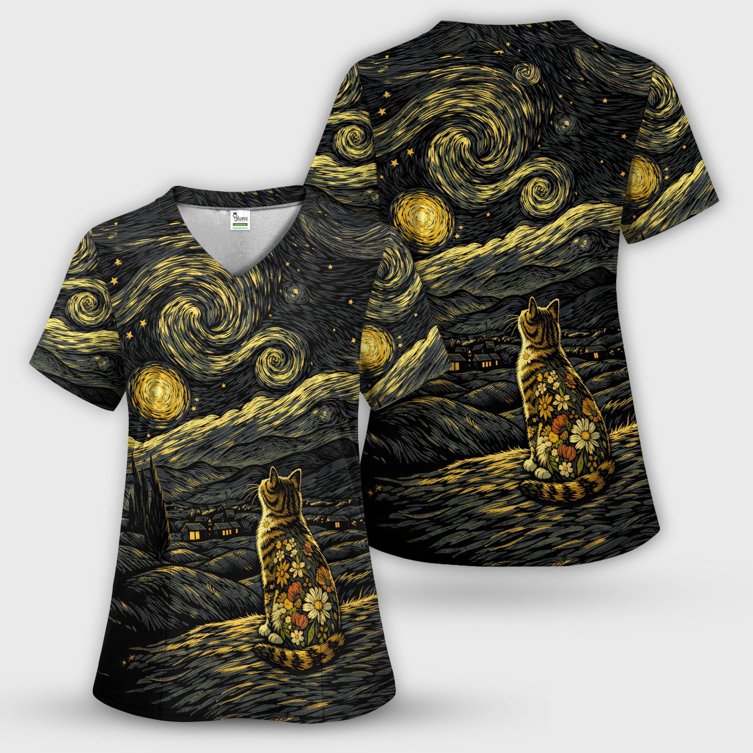 Galaxy Night Sky Cat With Flowers Print Scrub Set, Breathable Med Uniform