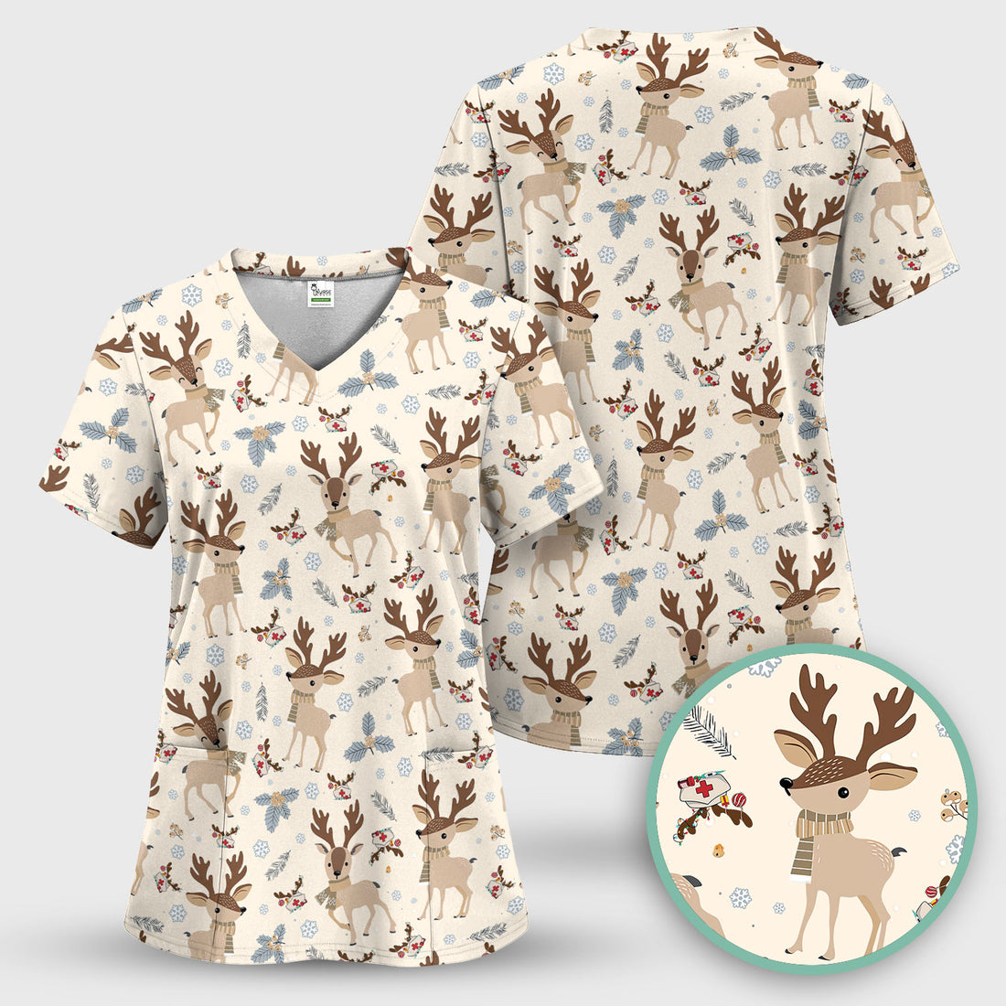 Reindeer Christmas Scrub Top - Cozy Beige Holiday Nurse Shirt with Cute Deer Pattern - Festive Medical Scrubs for Women RN CNA LPN