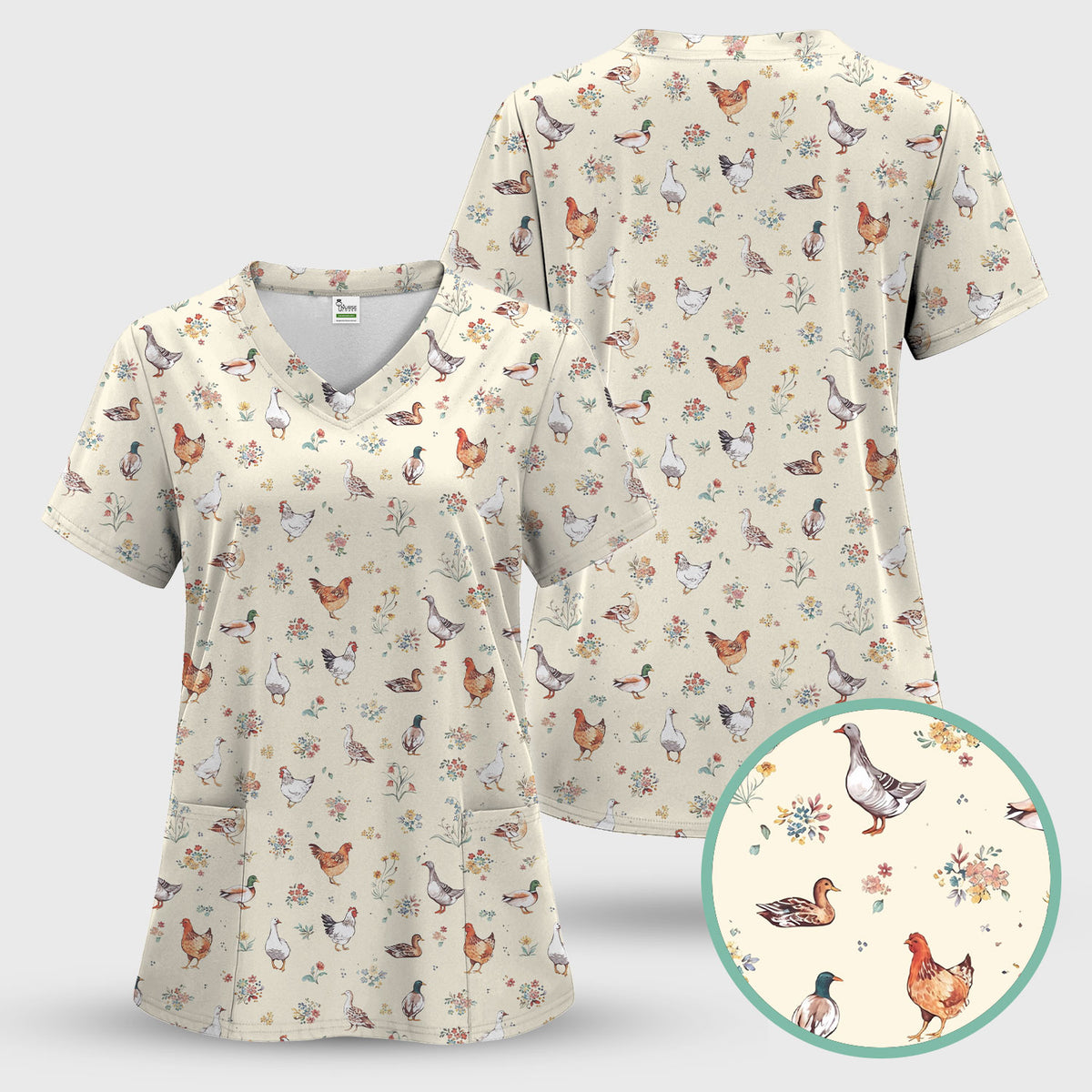 Farm Chicken Duck Floral Pattern Scrubs Sets, Scrub Pants and V Neck Top
