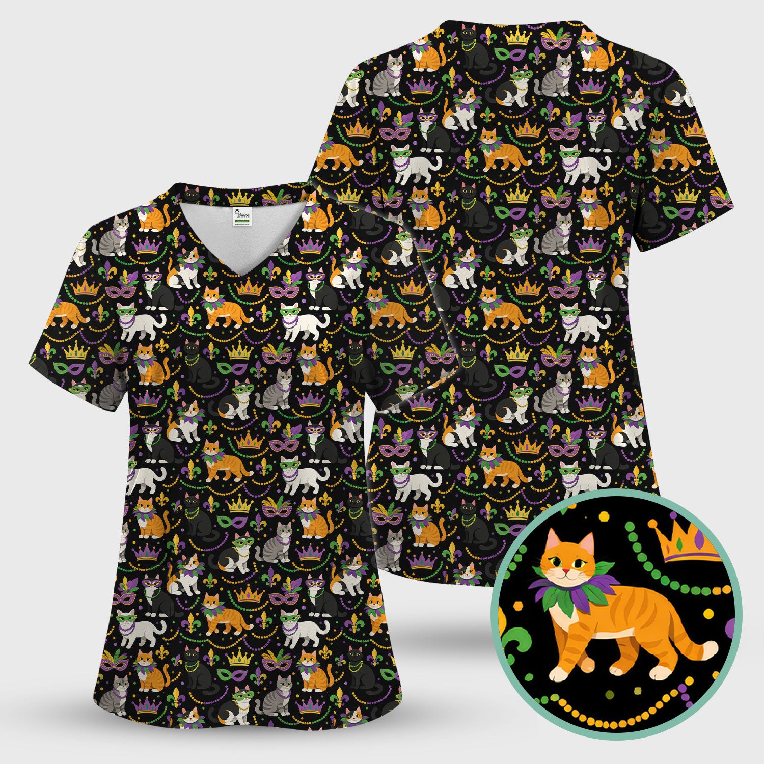 Cat Mardi Gras Nurse Scrub Set, Comfortable Uniform Scrubs For Nursing