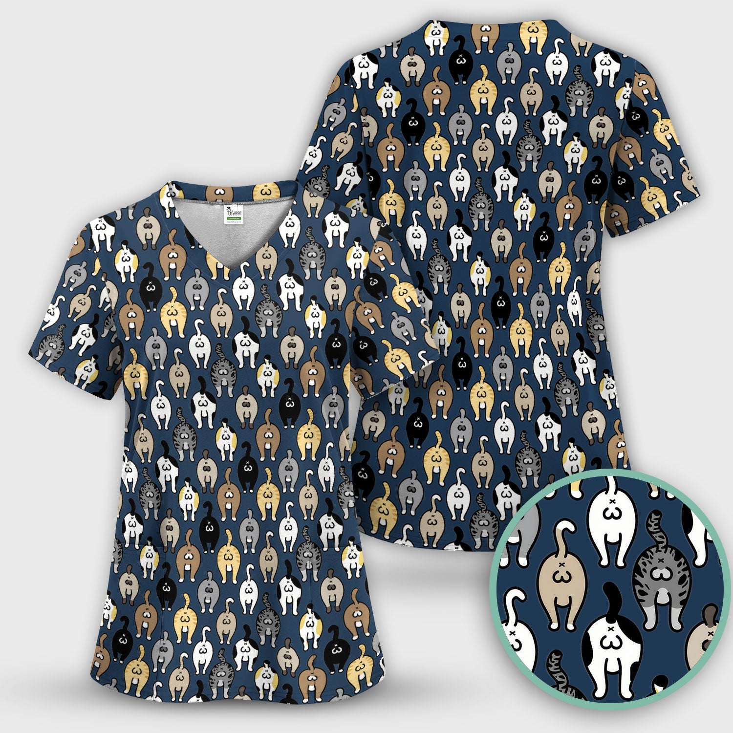 Cat Lover Nurse Scrub Set, Funny Cat Butt Pattern Medical Shirt, Breathable Fabrics Nursing Uniform