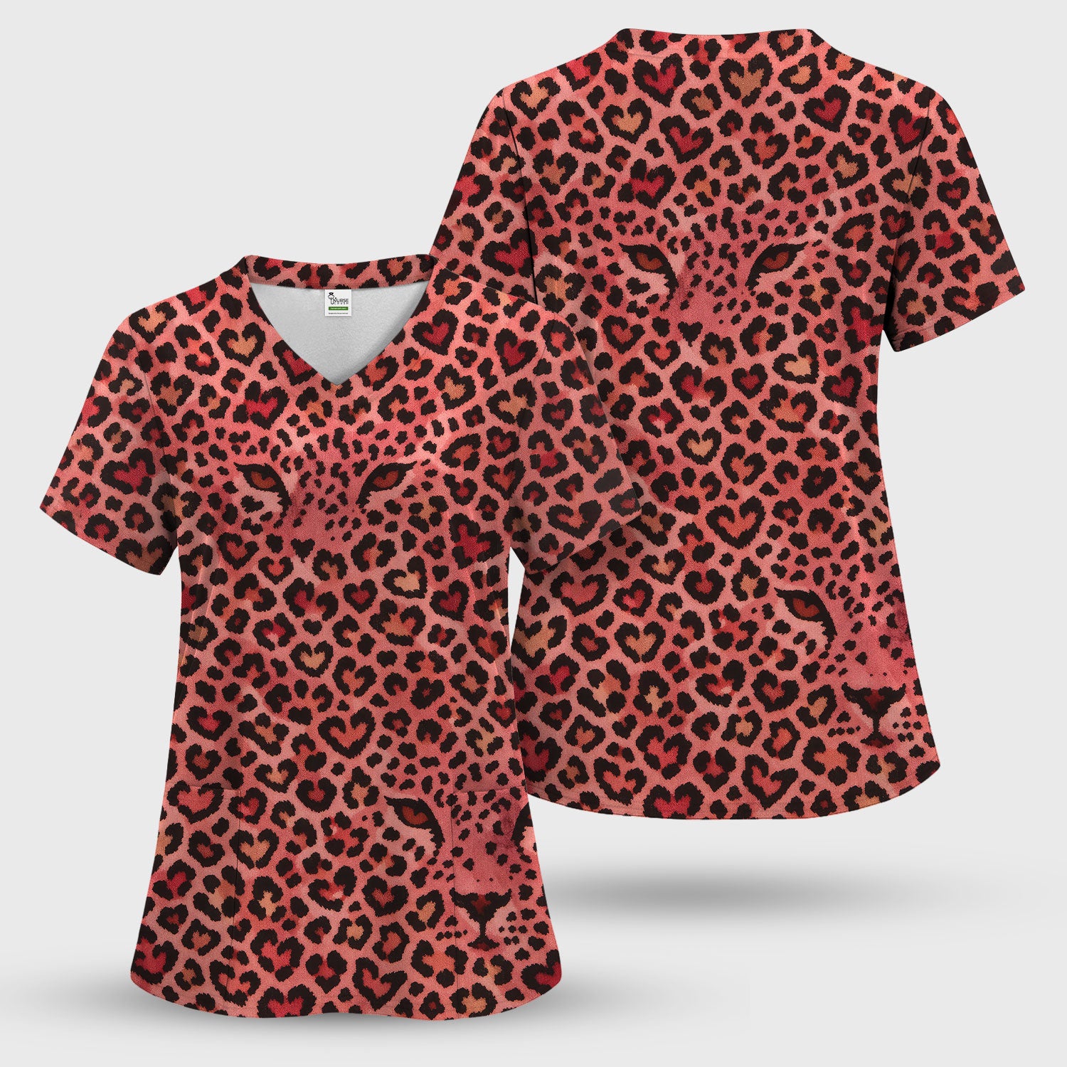 Leopard Pattern Nurse Scrub Top, Pink Medical Nurses Shirt, Breathable Fabrics Nursing Uniform, Valentine