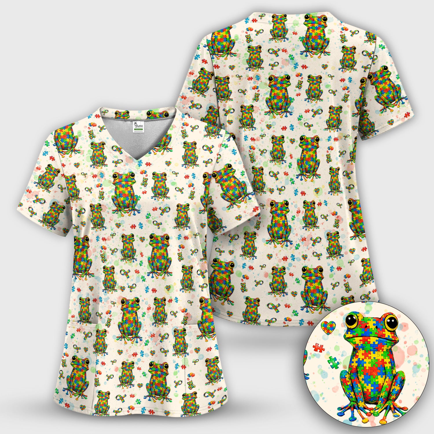 Colorful Autism Puzzle Frog Pattern Scrubs Top, Comfortable Scrubs for Nurses