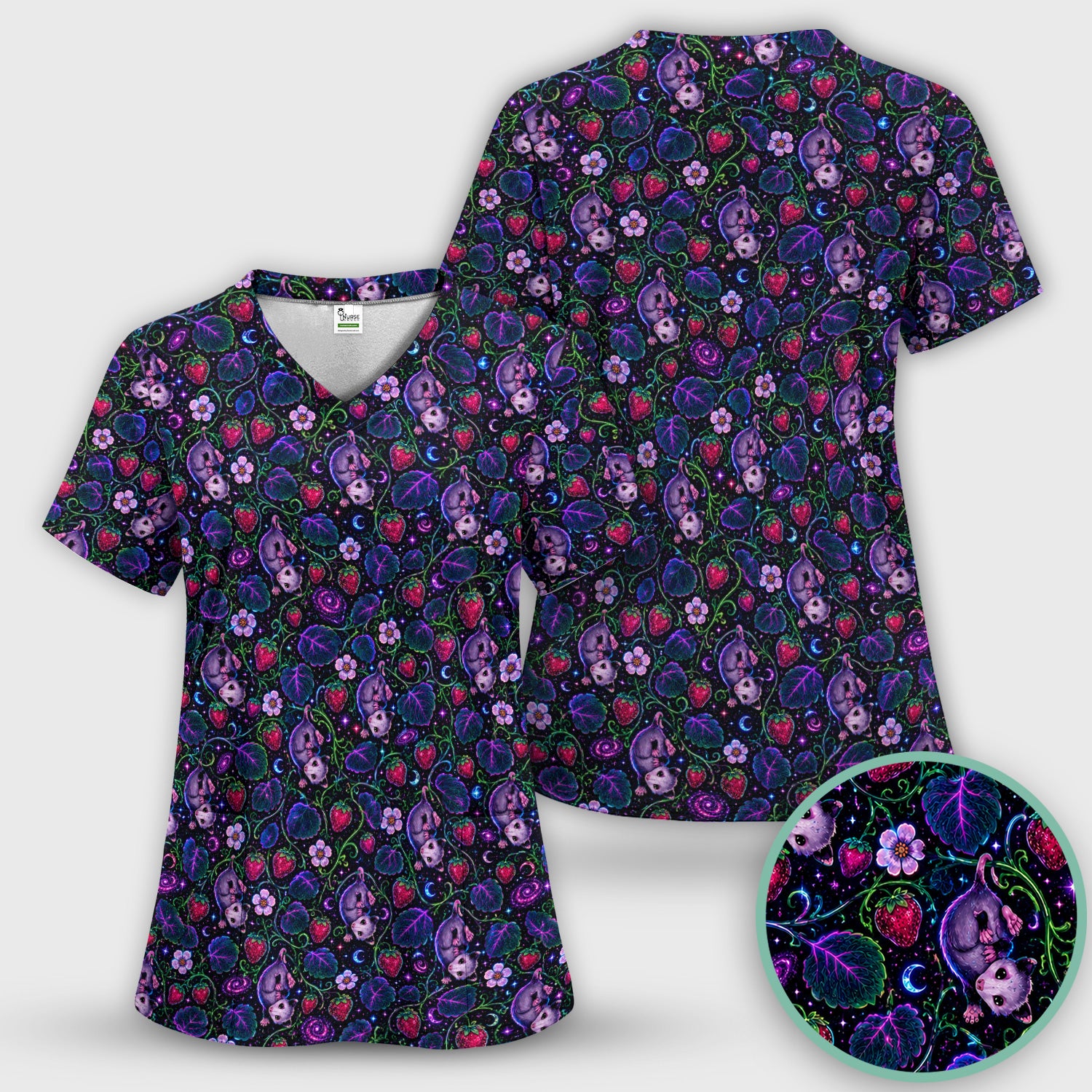 Galaxy Strawberry Opossum Pattern Scrub Top for RN, CNA, Veterinary Staff, Cat Lover Uniform