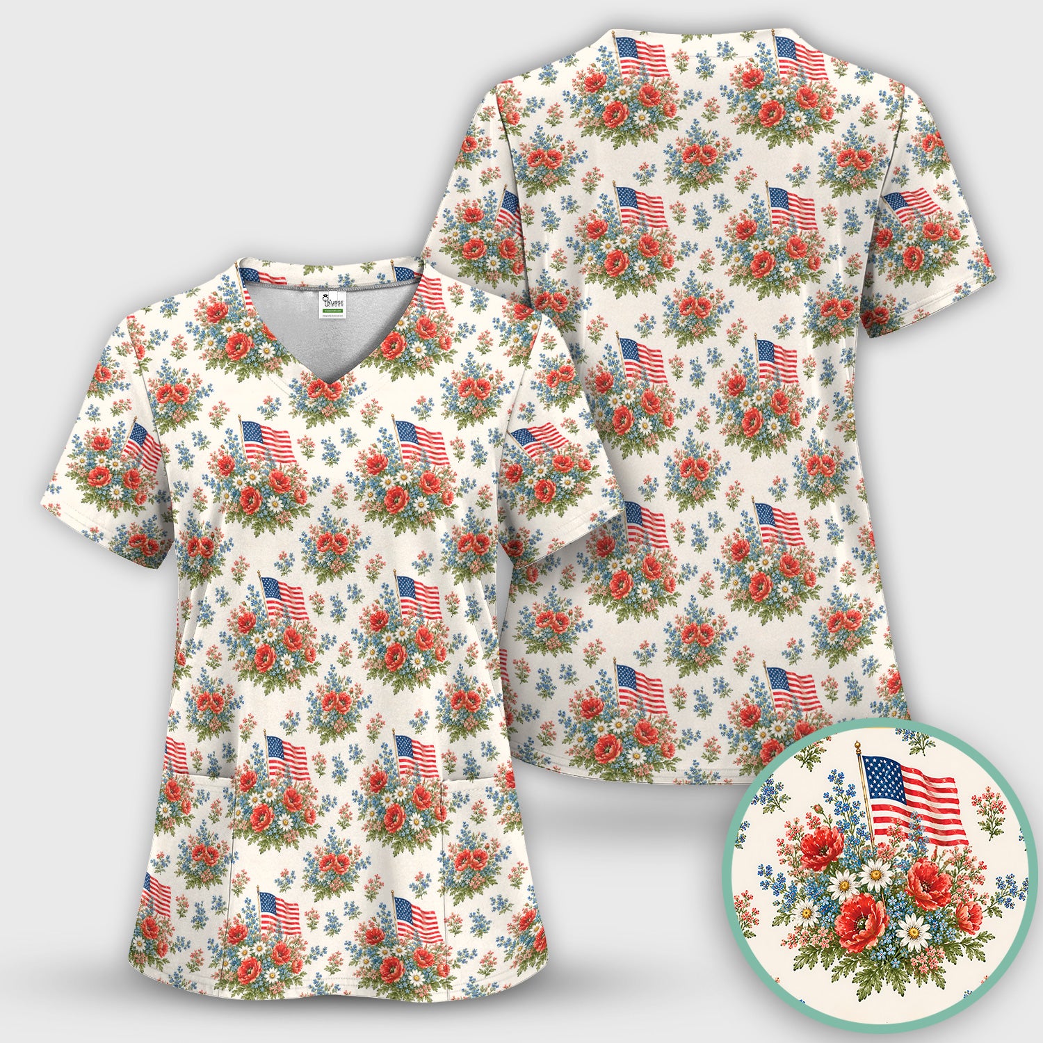 Patriotic Floral With USA Flag Pattern Scrub Set, Scrub Pants and V Neck Top