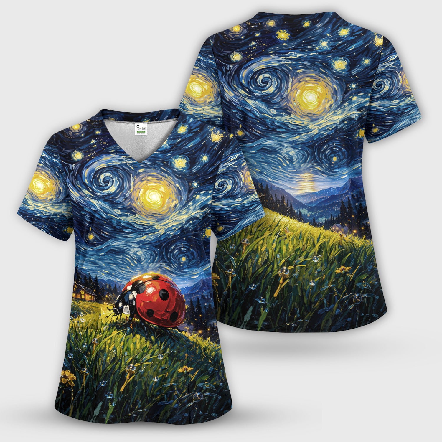 Swirl Night Sky Ladybug Landscape Art Print Scrub Top, Artistic Nature Nursing Uniform for Women