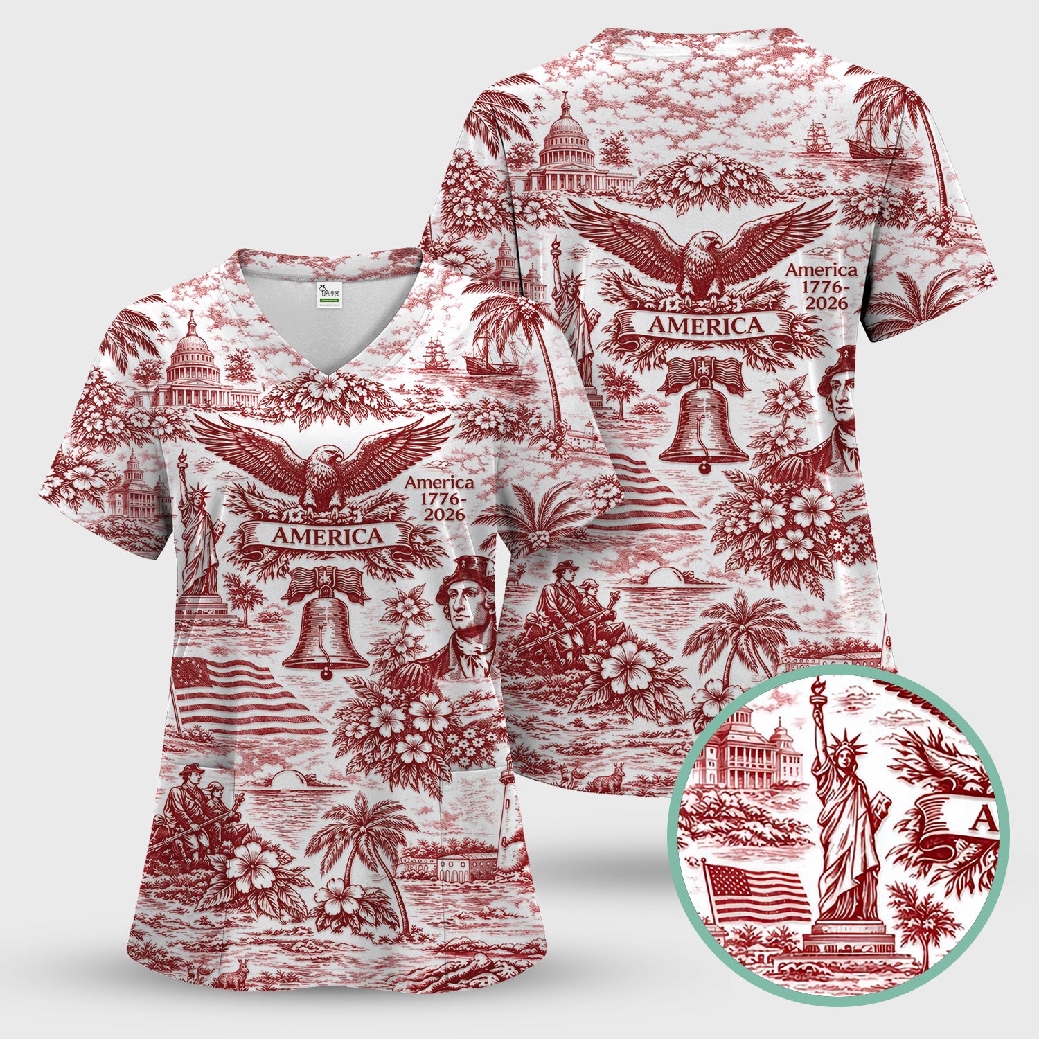 Patriotic America Heritage Toile Pattern Scrub Top, Breathable Fabrics Nursing Uniform