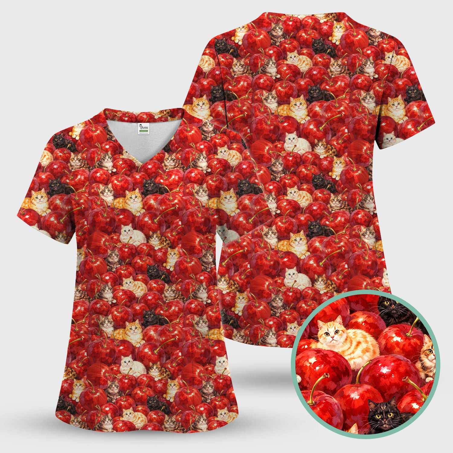 Cute Cat Cherry Pattern Scrub Top,  Comfortable Scrubs for Nurses