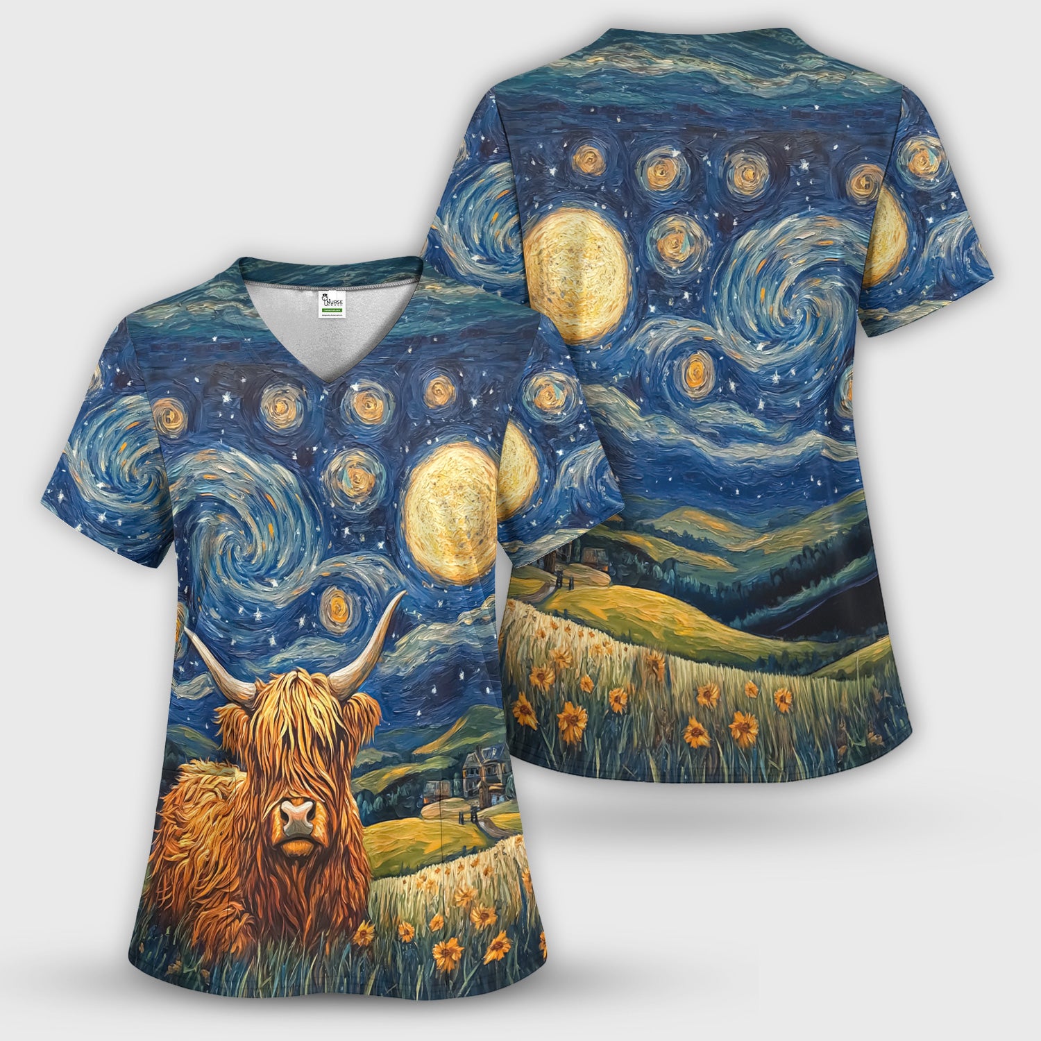 Artistic Highland Cow Starry Night Scene Pattern Scrub Top, Comfortable Scrubs for Nurses