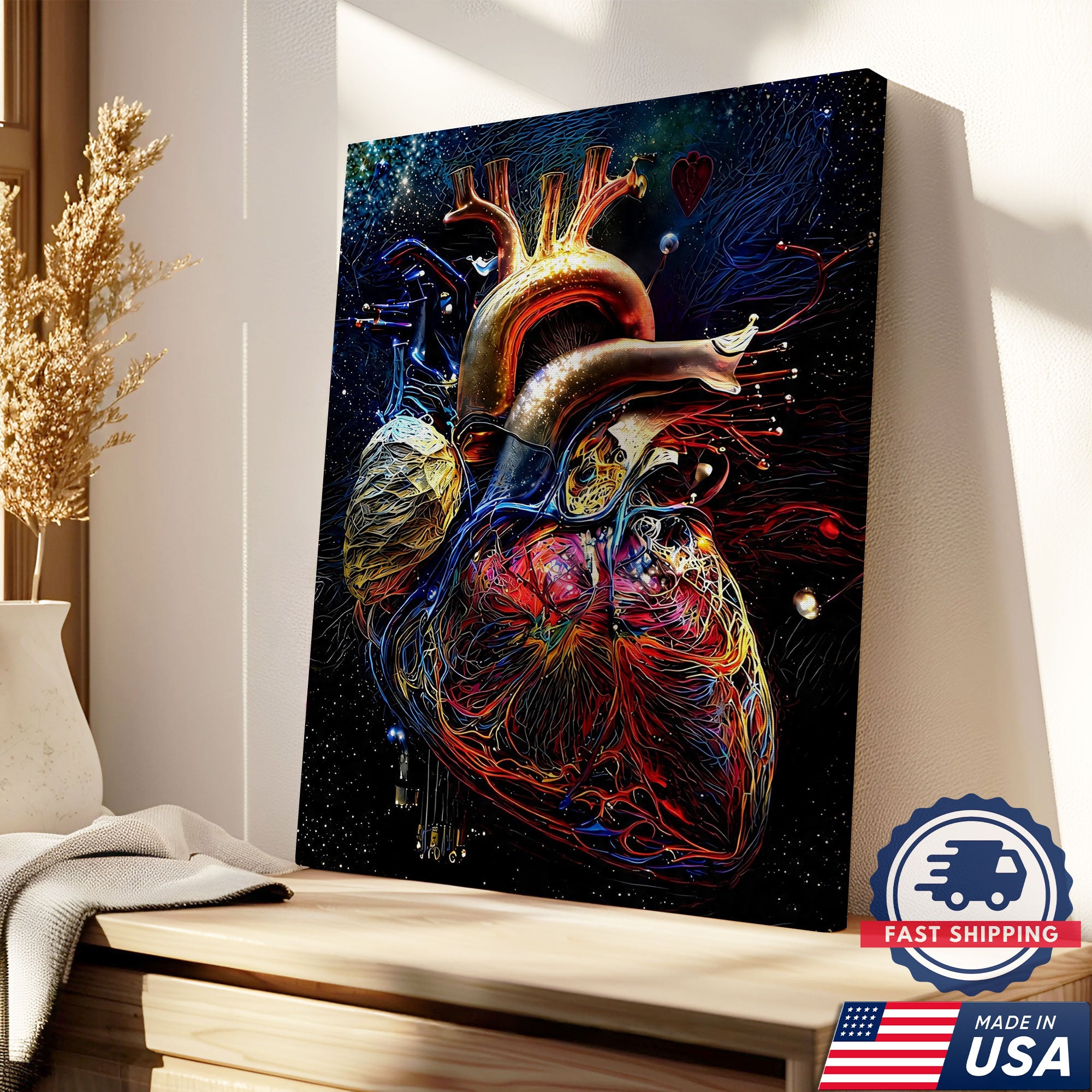 Neon Human Heart Anatomy Canvas Wall Art, Nurse Clinic Decor