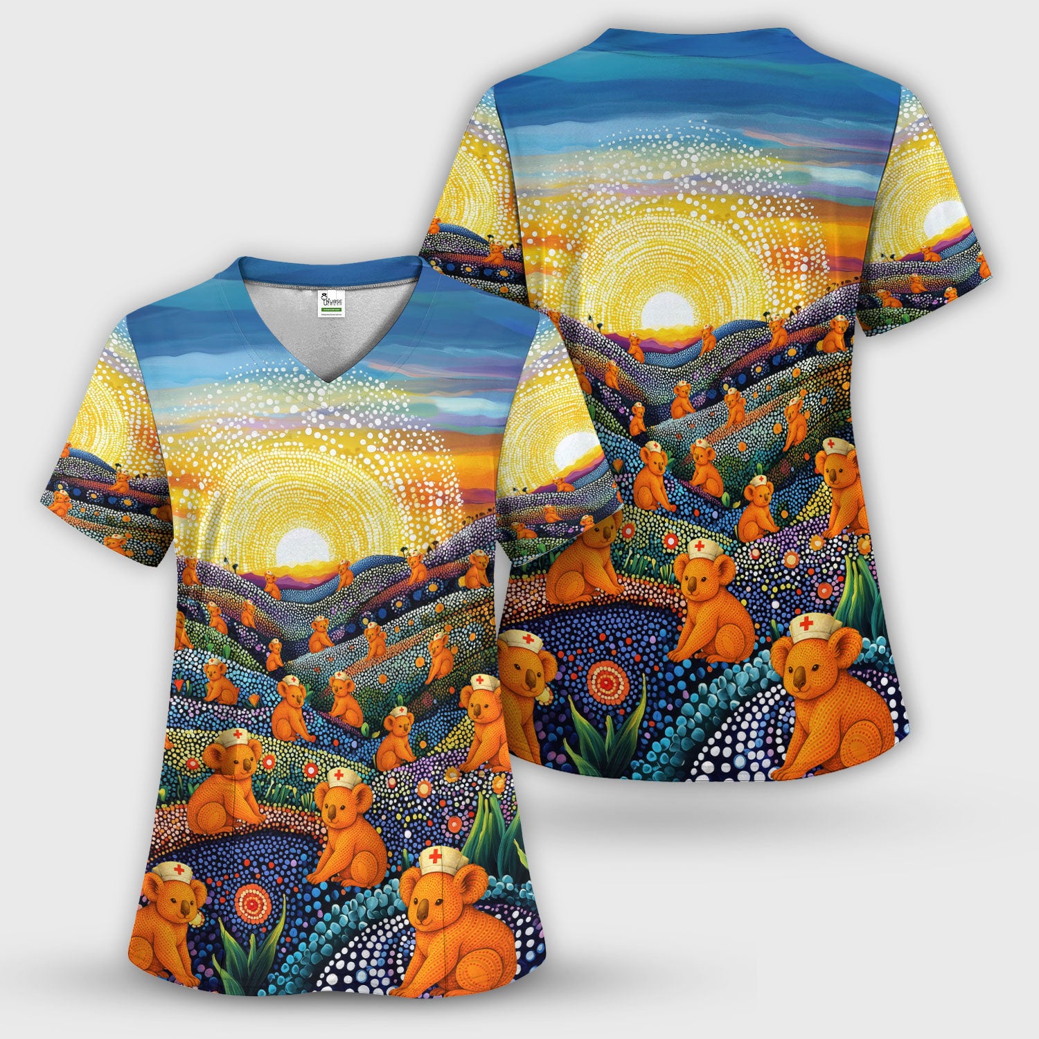 Australian Koala Dot Art Nurse Scrub Top - Women V-Neck Shirt
