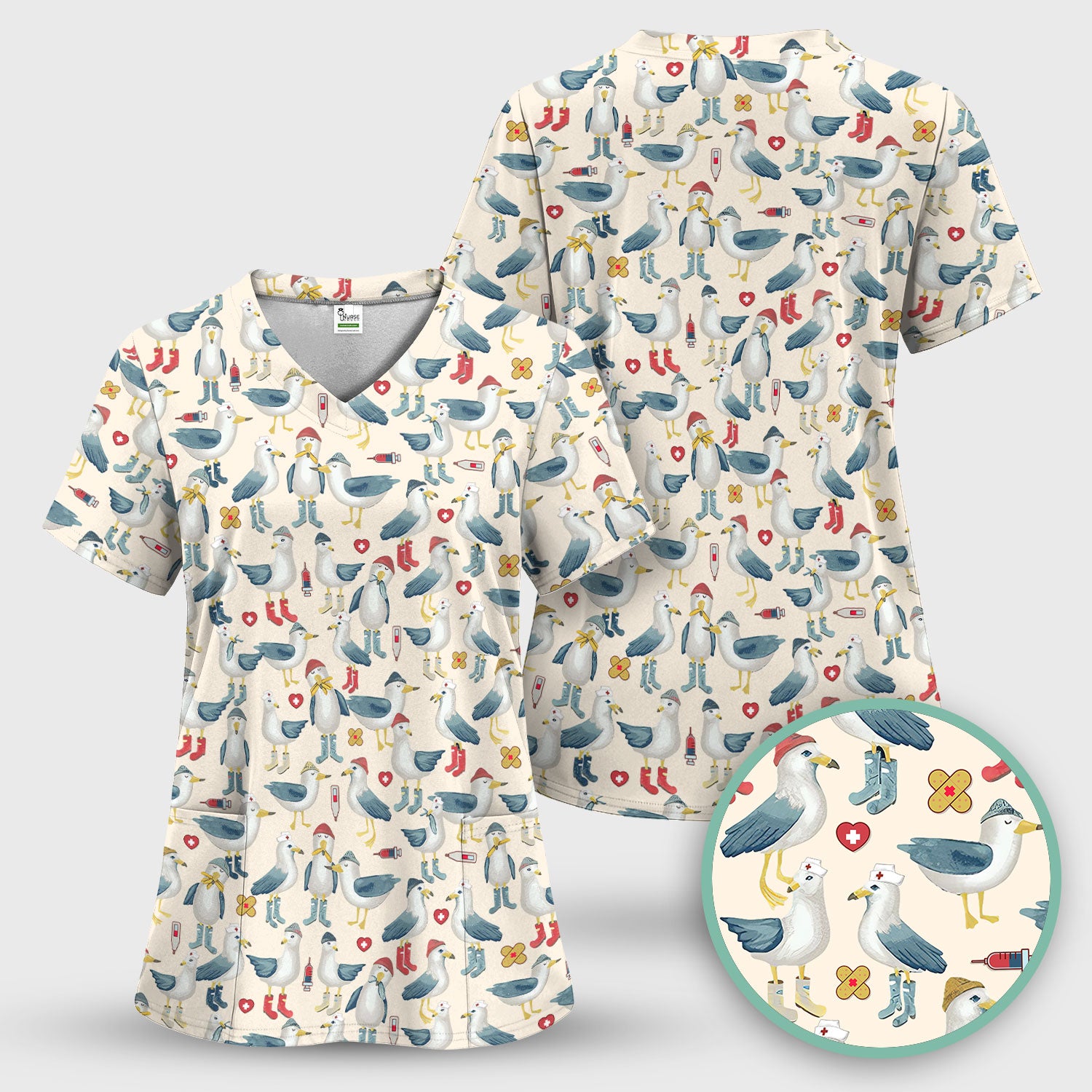 Seagull Scrub Top for Nurses - Adorable Birds Medical Uniform - Funny Shirt for RN CNA LPN