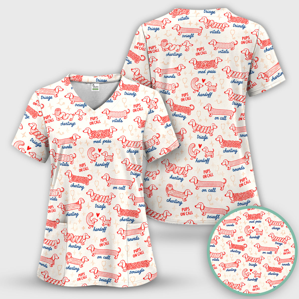 Cute Pups On Call Dachshund Pattern Scrub Top, Comfortable Scrubs for Nurses