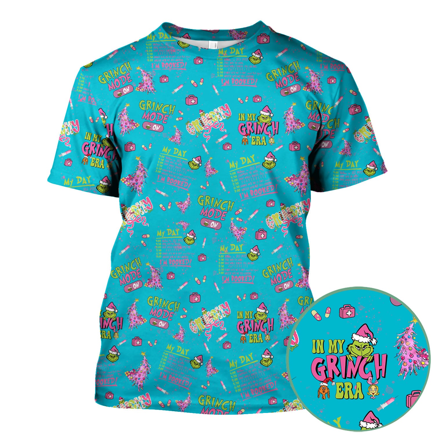 Funny Christmas Scrub Top for Women - Grinch Mode On Holiday Nurse Uniform Shirt - Pink Grinchmas Gift for RN CNA LPN