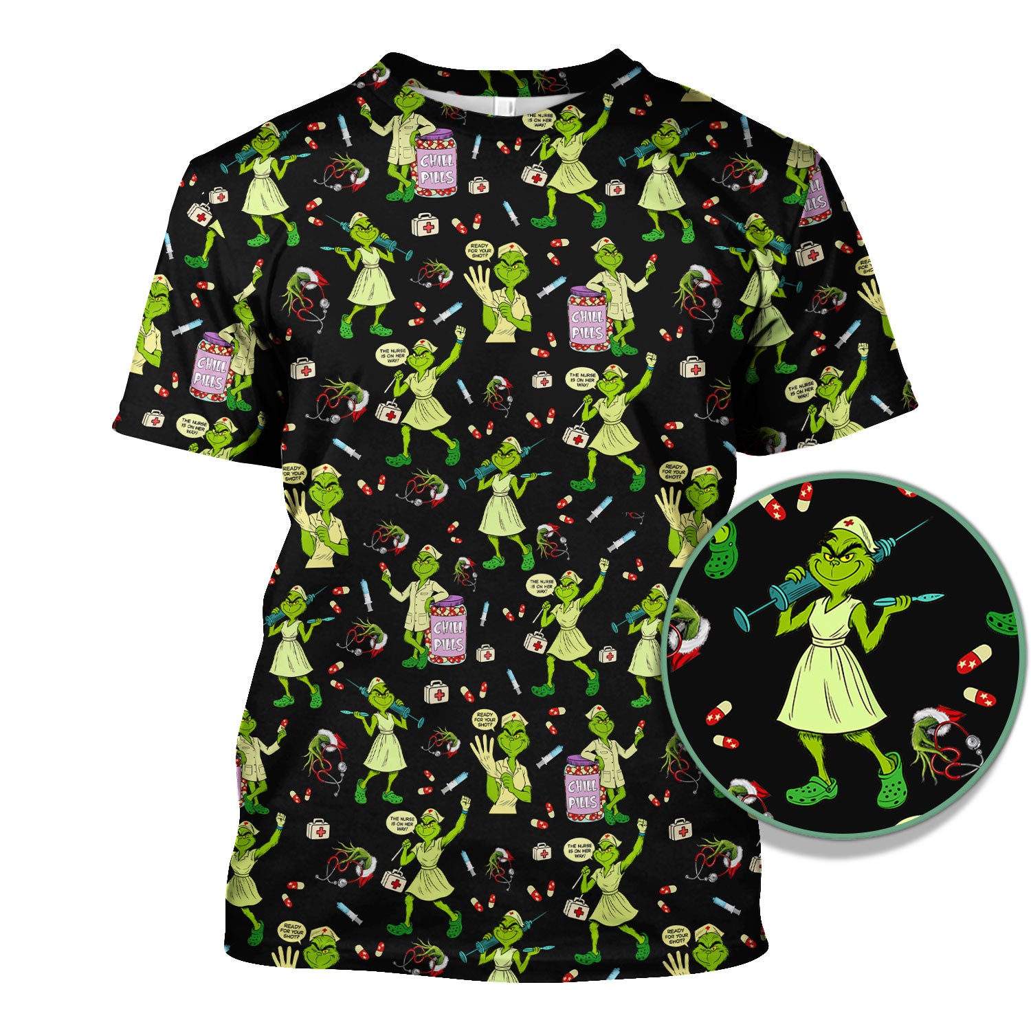 Funny Grinch Nurse Scrub Top Multi Color - Chill Pills Nursing Scrub Shirt - Cute Christmas Holiday Workwear with Pockets
