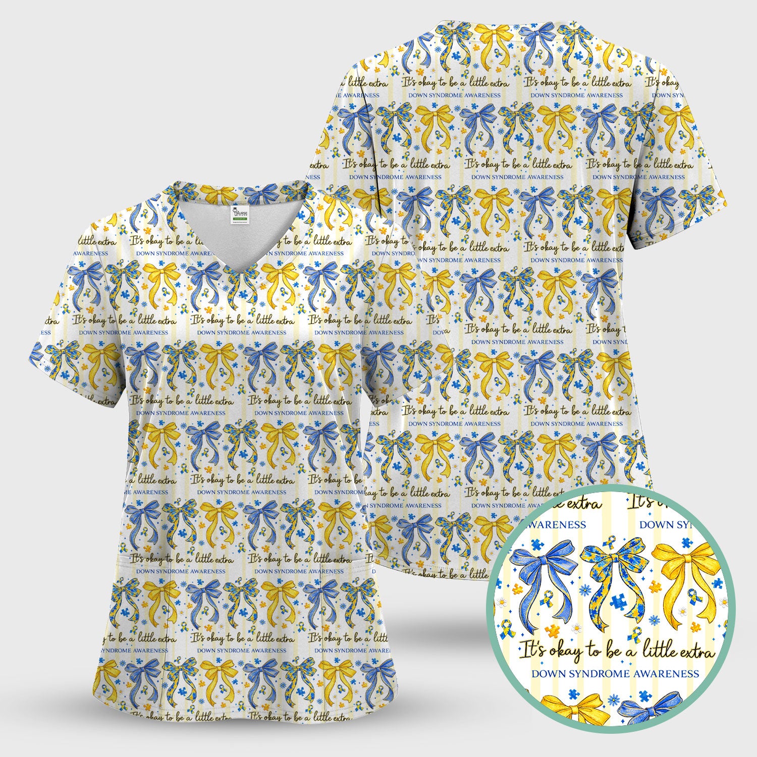 Down Syndrome Awareness Ribbon Pattern Scrub Top Comfortable Nurse Workwear Top