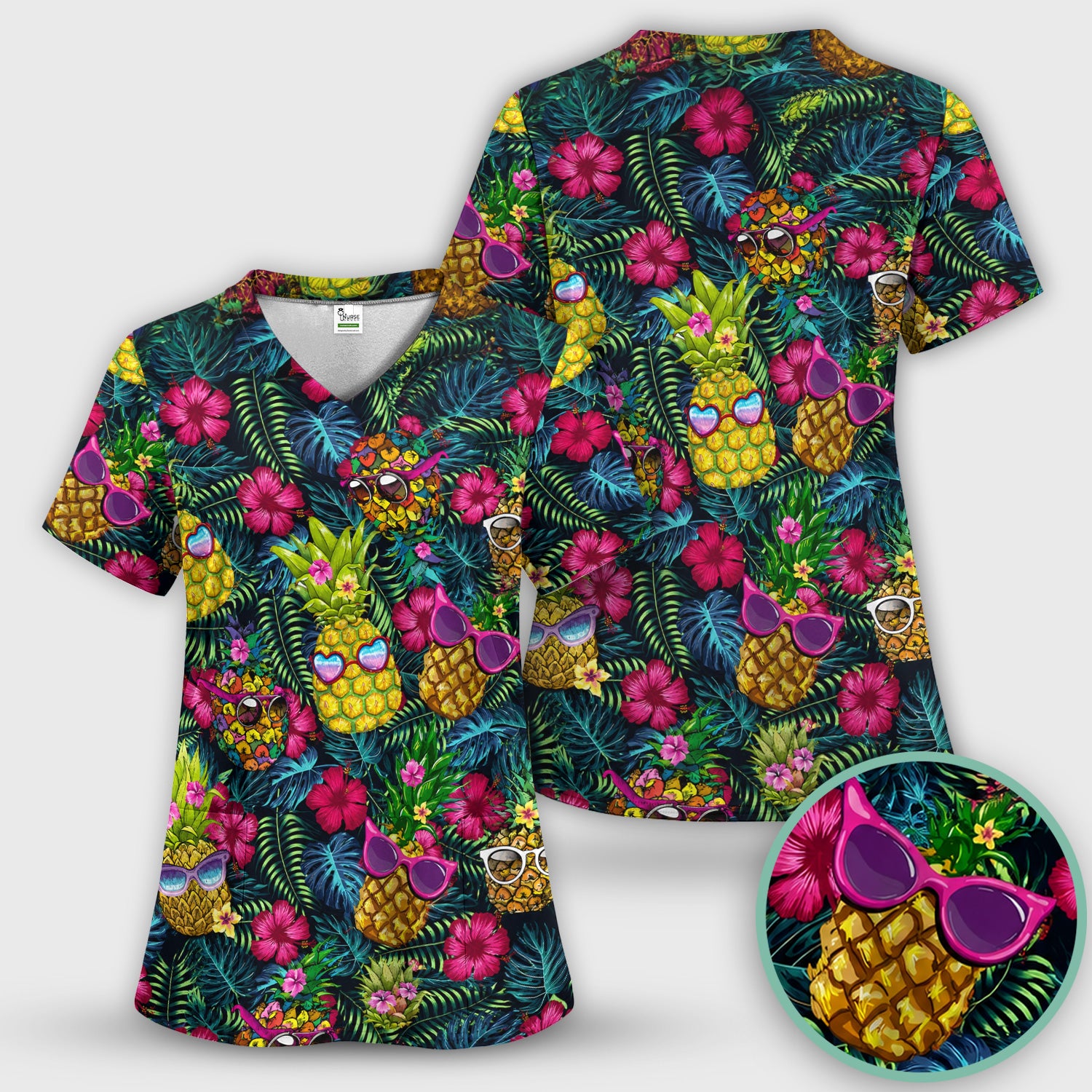 Cute Tropical Pineapple Sunglasses Pattern Scrub Top, Comfortable Scrubs for Nurses