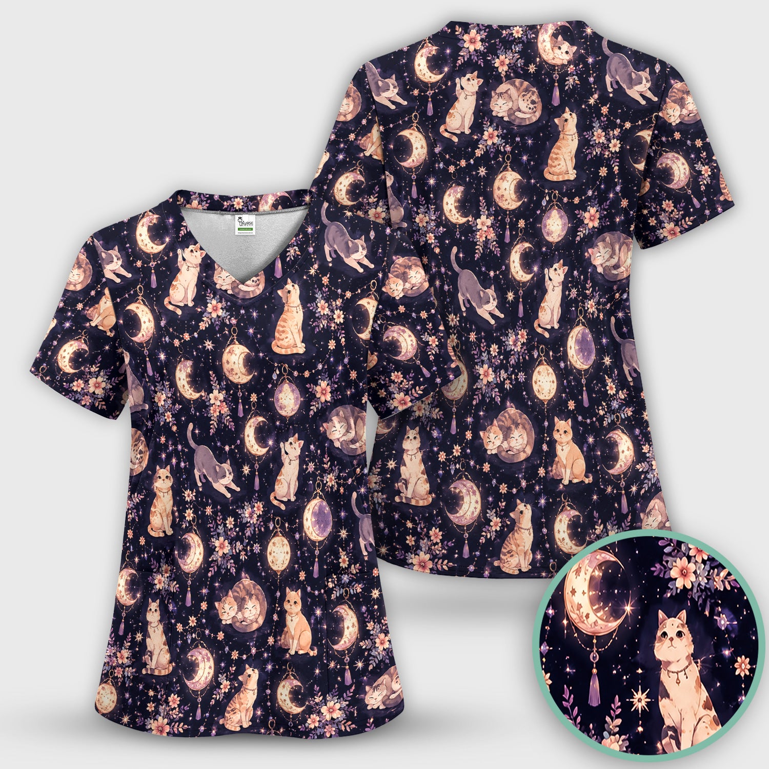 Celestial Cat Pattern Scrub Top, Comfortable Scrubs for Nurses
