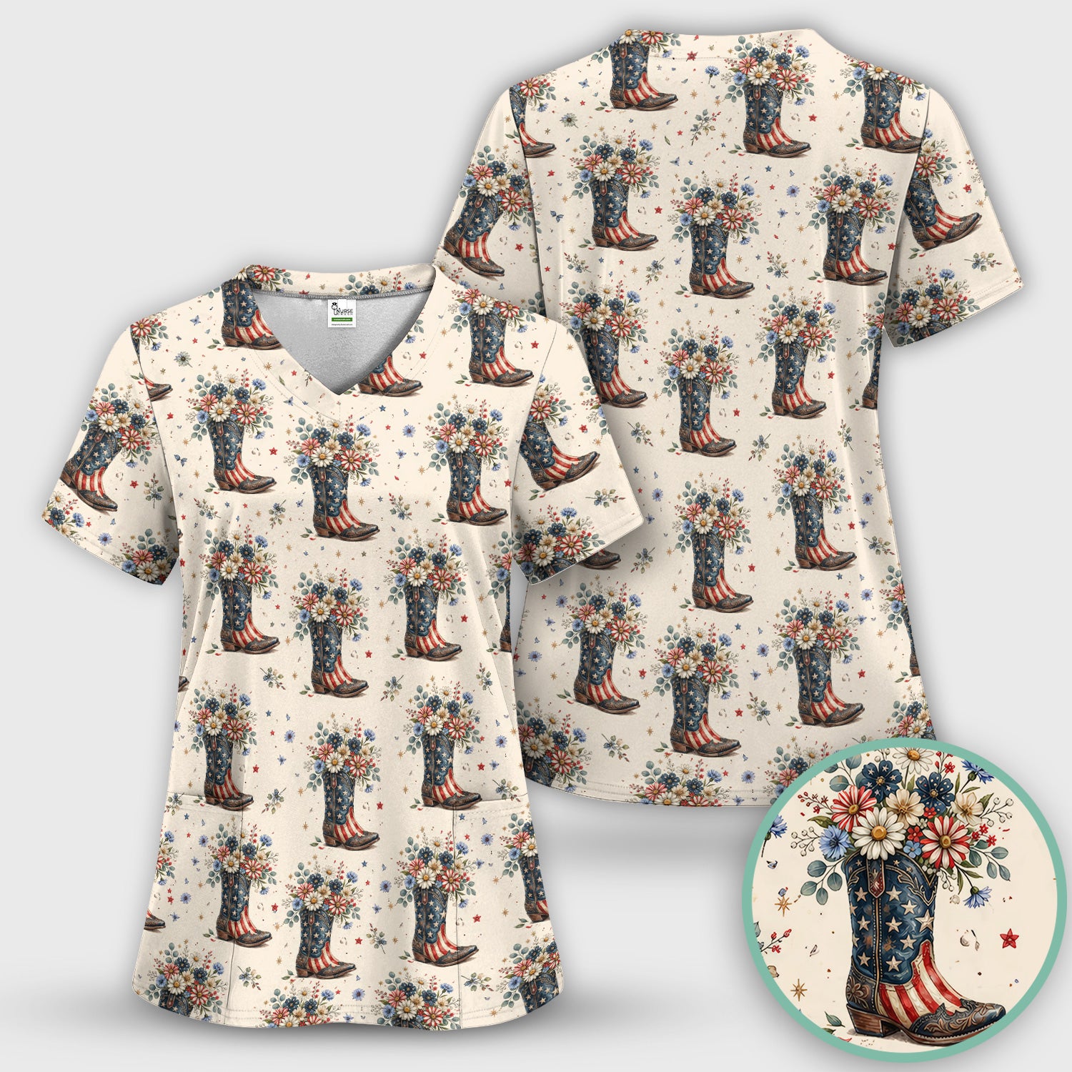 Festive Patriotic Cowboy Boots Flower Pattern Scrub Set, Scrub Pants and V Neck Top