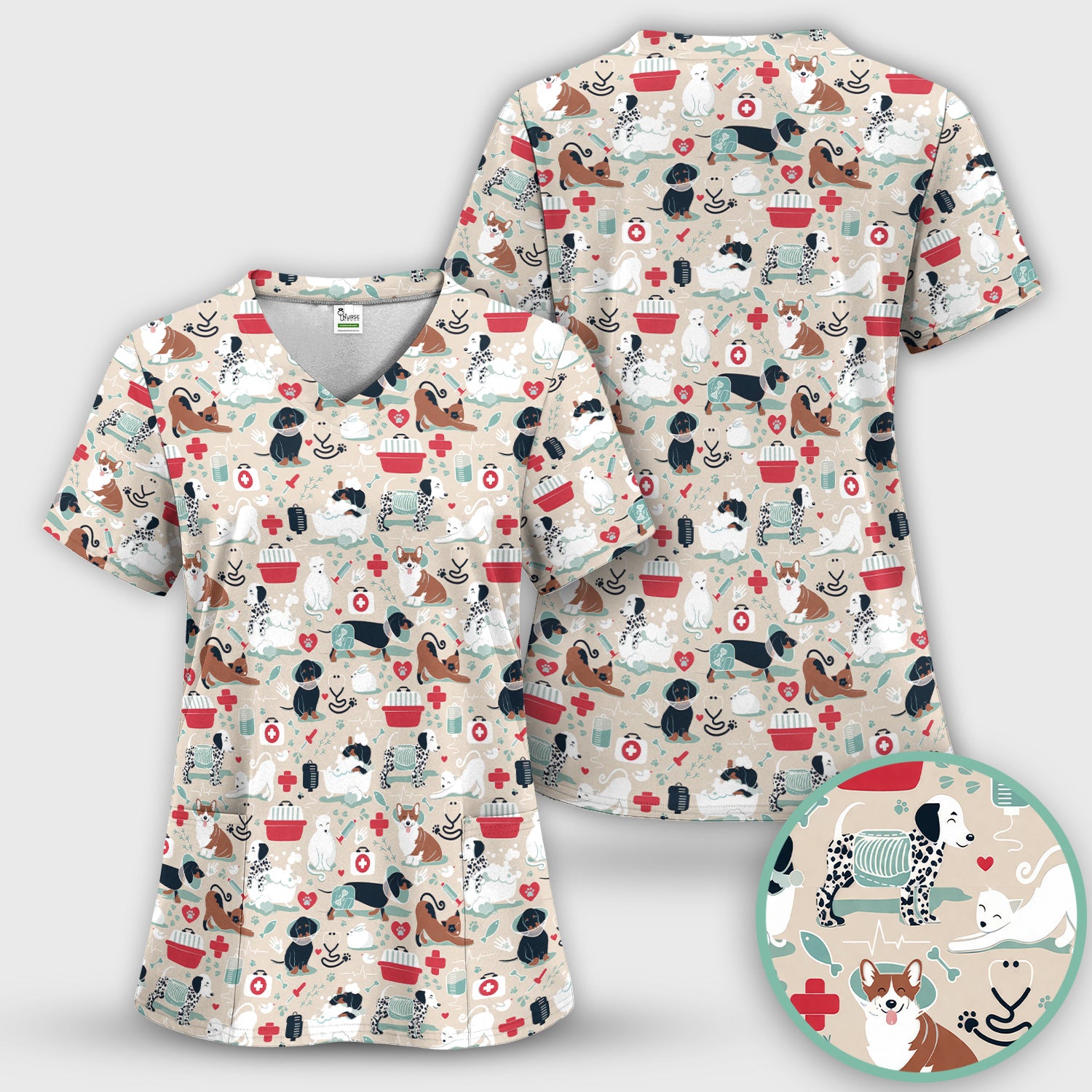 Dogs With Veterinary Tools And Paw Print Scrub Set, Breathable Med Uniform