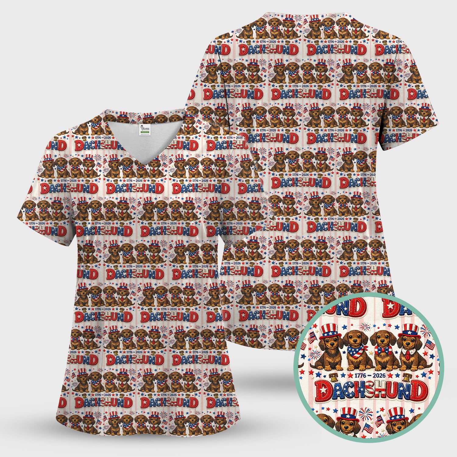 Patriotic Dachshund Fireworks Pattern Scrub Set, Scrub Pants and V Neck Top