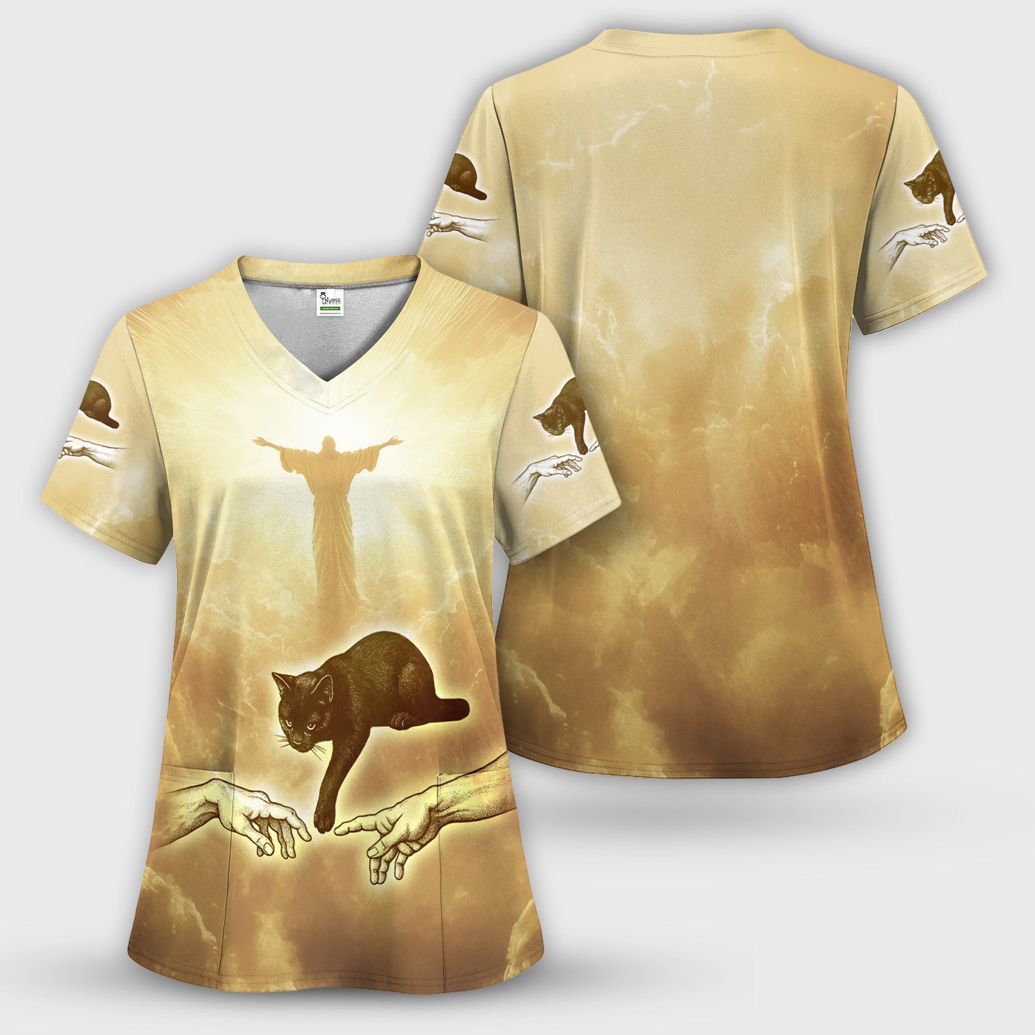 Vintage Angel Cat Art Print V Neck Nursing Scrub Top, Golden Aesthetic