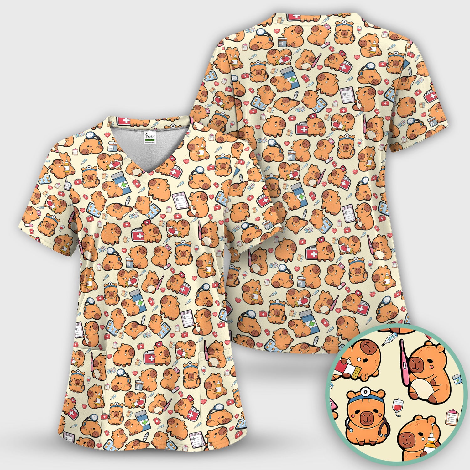 Capybara With Stethoscope And Medical Tools Seamless Scrub Set, Breathable Med Uniform