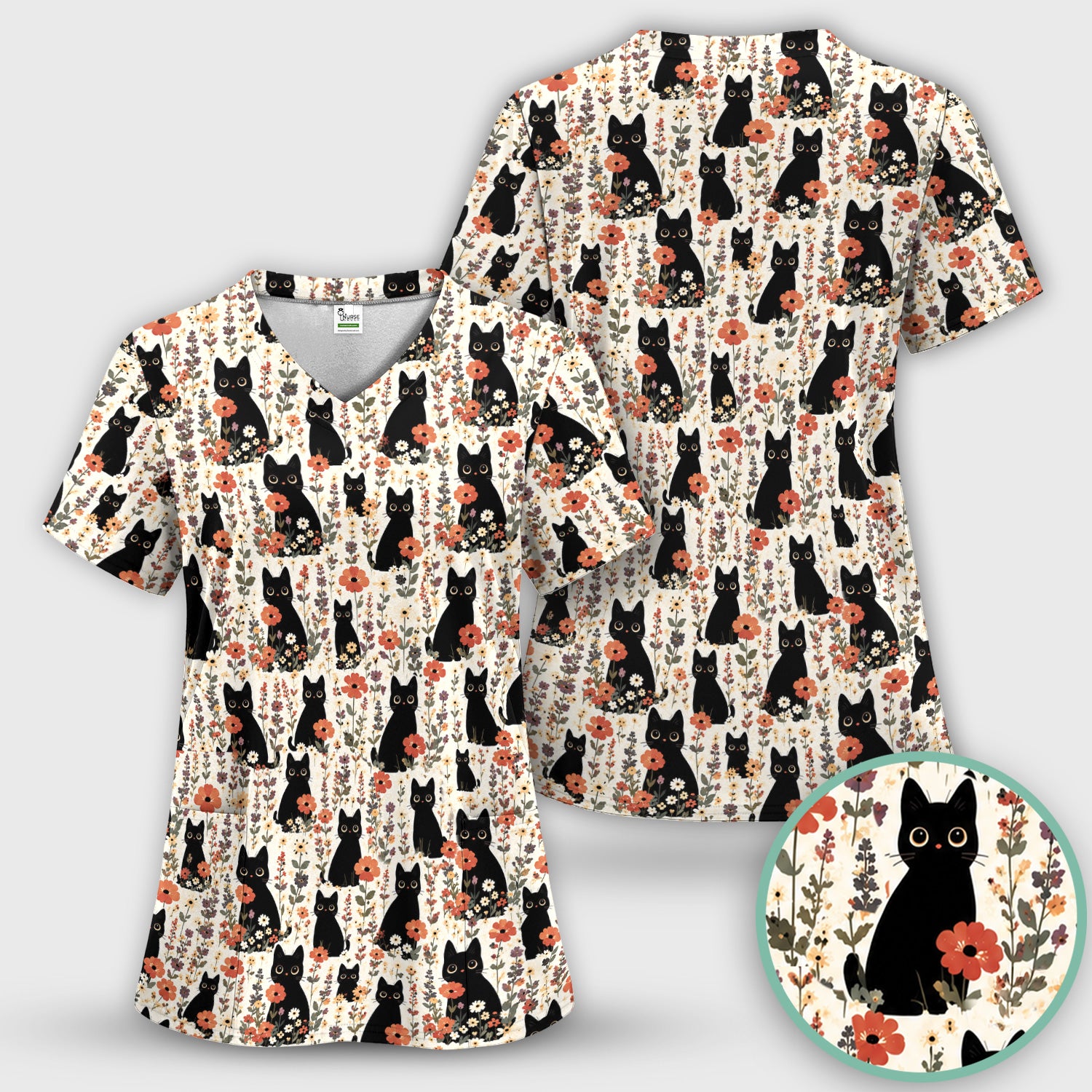 Cute Black Cat Wildflower Pattern Scrub Set, Scrub Pants and V Neck Top