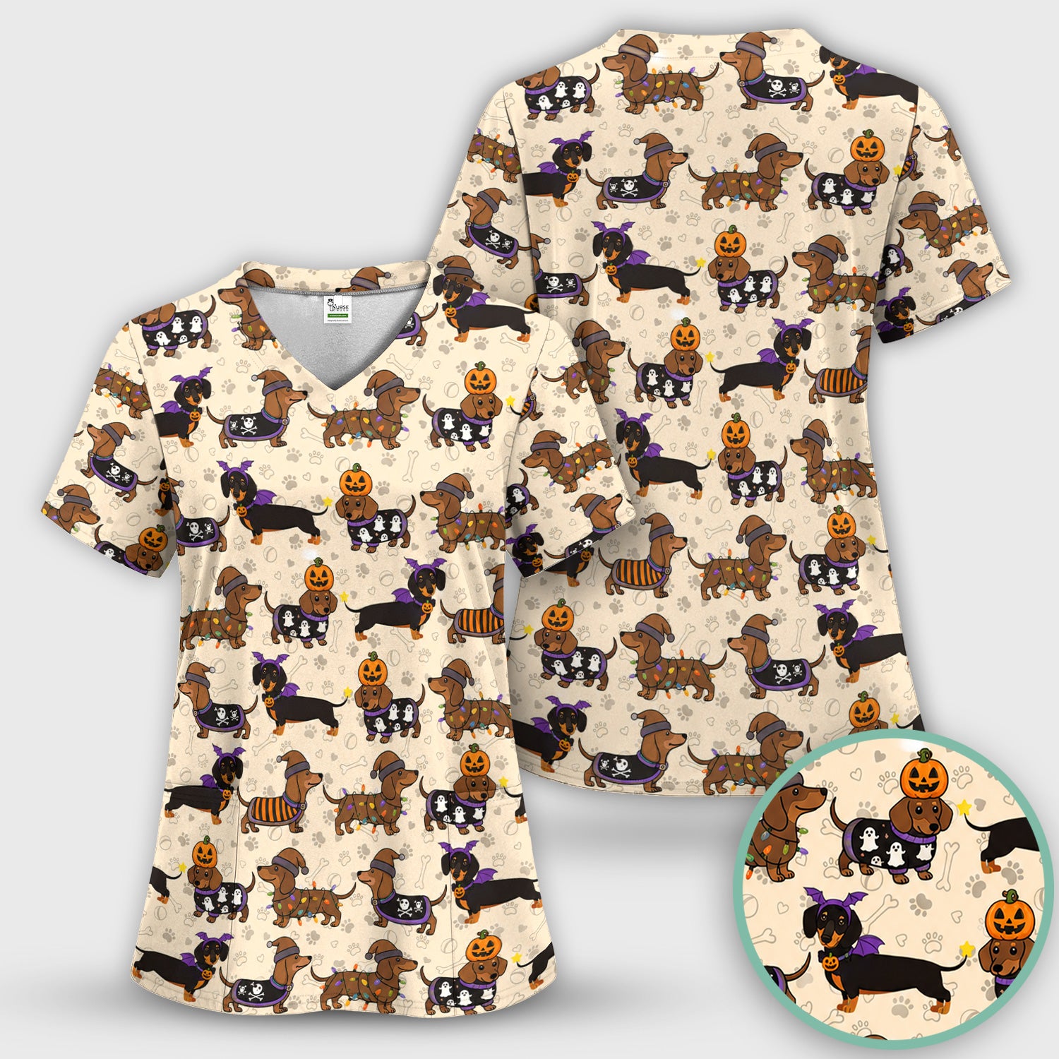 Halloween Dachshund with Pumpkin Ghost Print Scrub Top, Comfortable Scrubs for Nurses