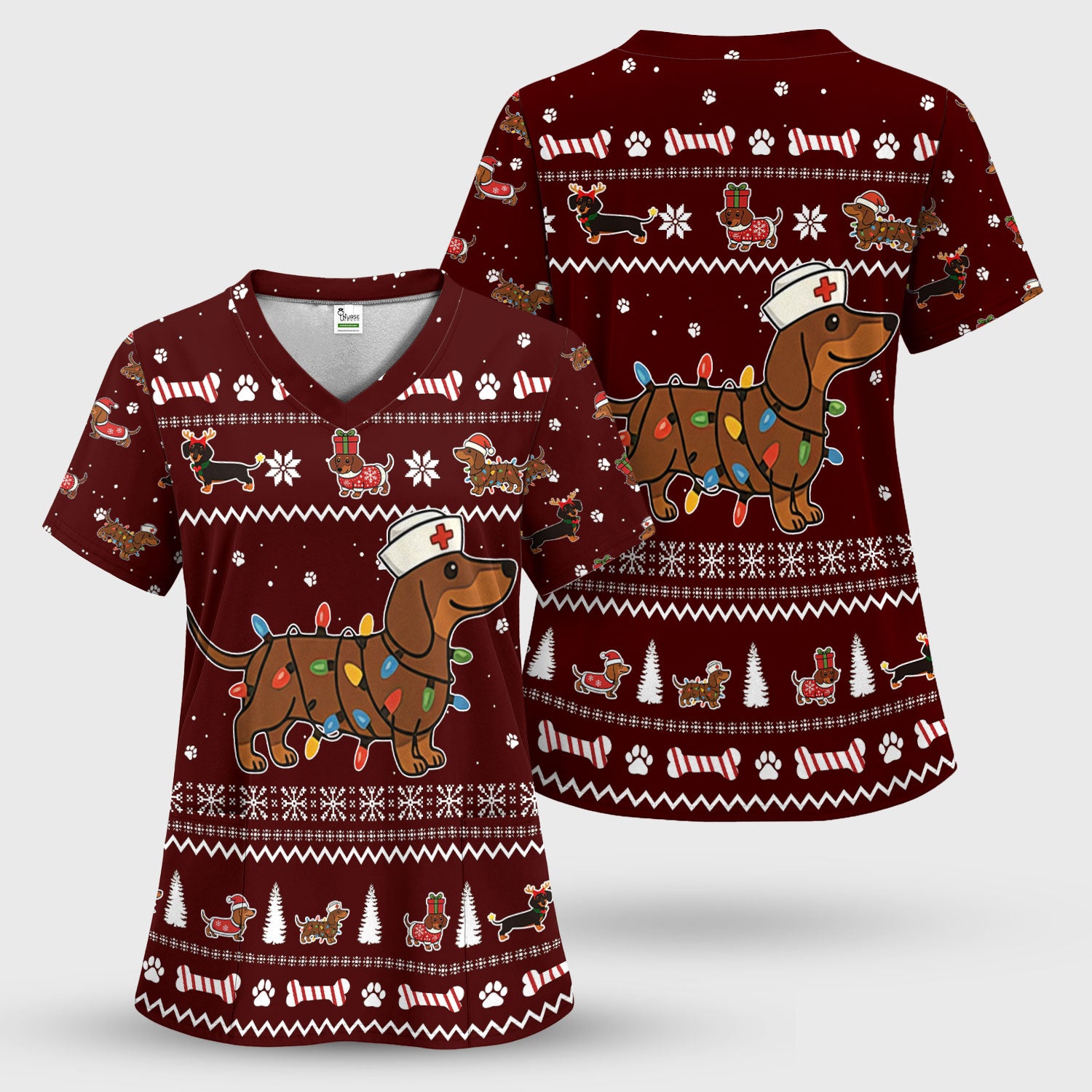 Christmas Dachshund Nurse Scrub Top for Women - Cute Sausage Dog Wearing Lights - Funny Holiday Medical Shirt Gift for RN CNA LPN