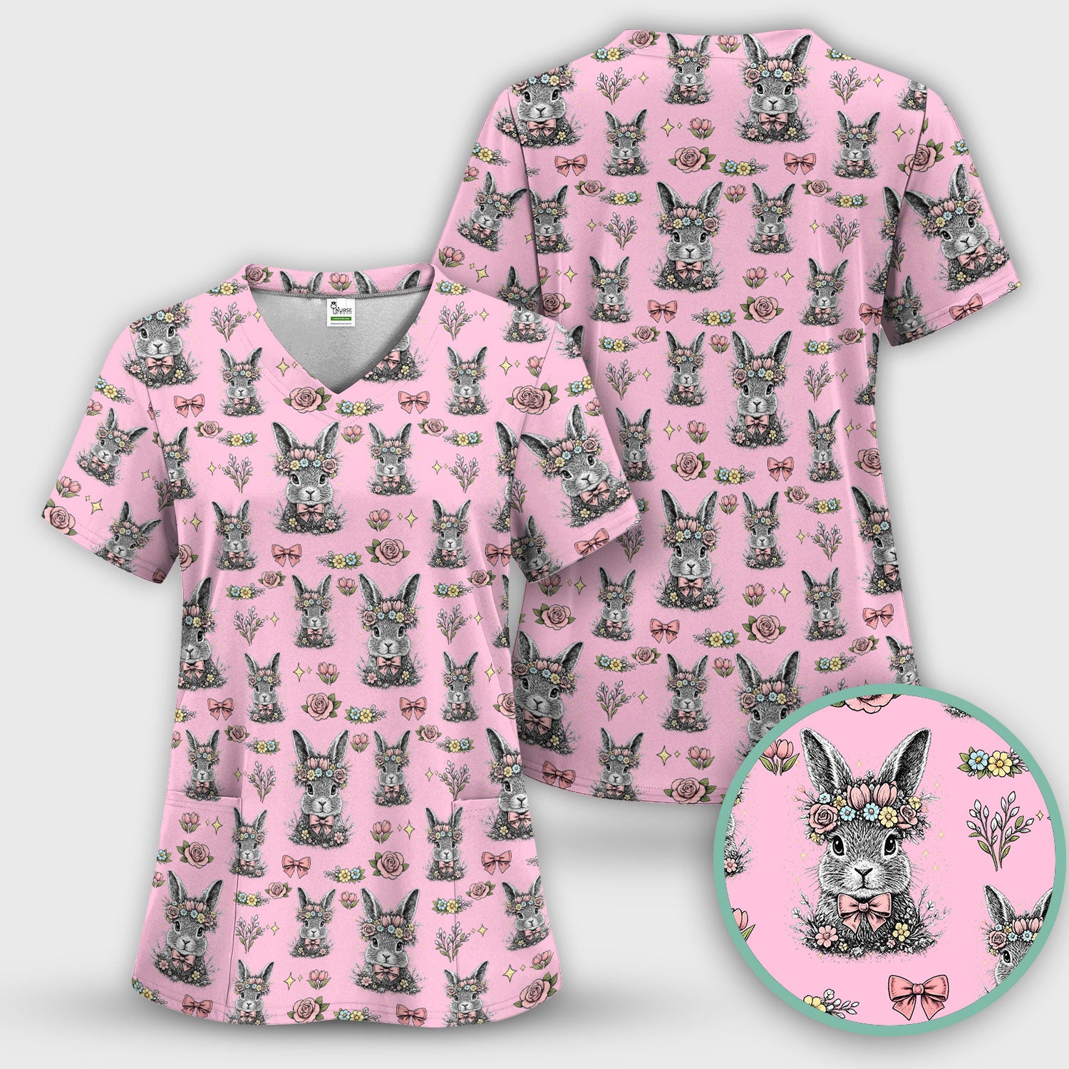 Vintage Floral Bunny Print Scrub Set, Scrub Pants and V Neck Top