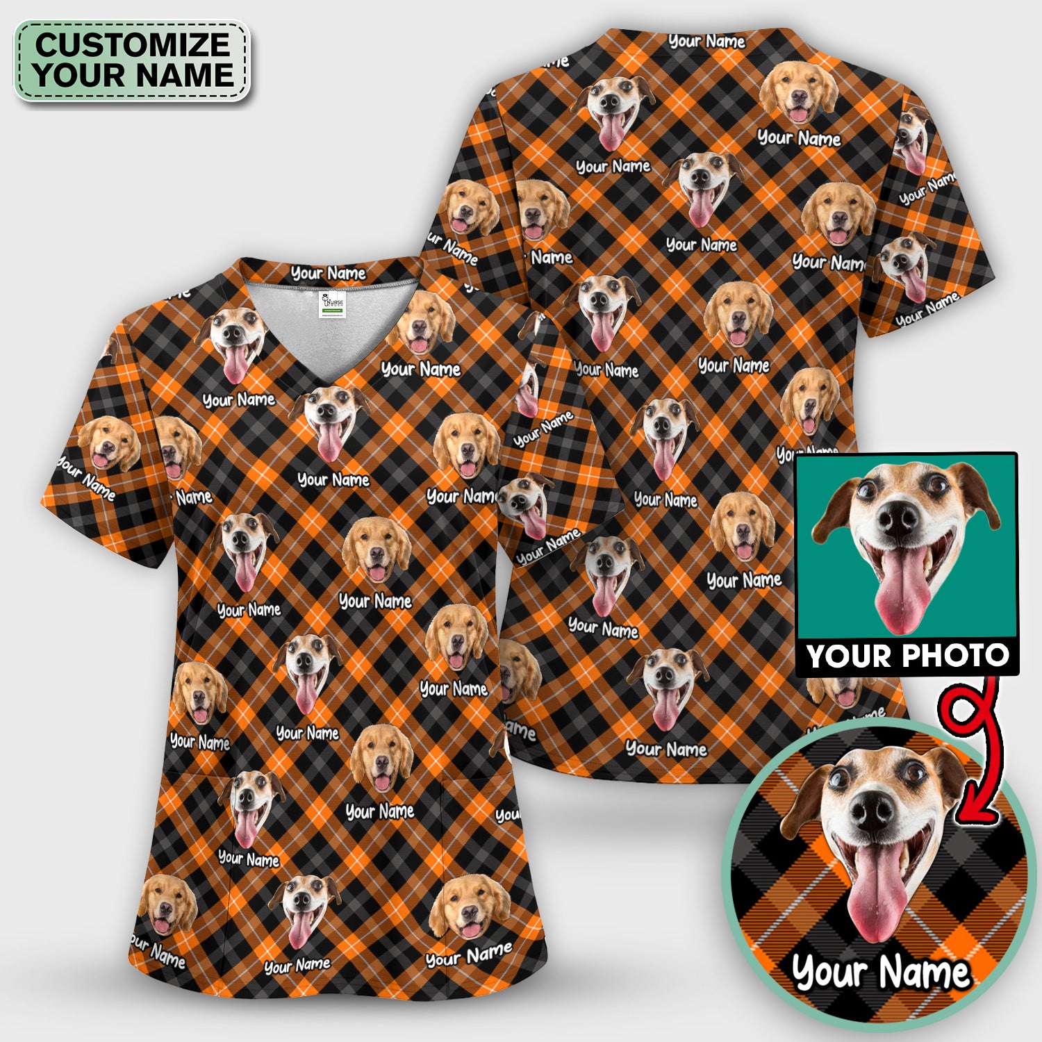 Personalized Halloween Dog Photo Plaid Scrub Set, Scrub Pants and V Neck Top