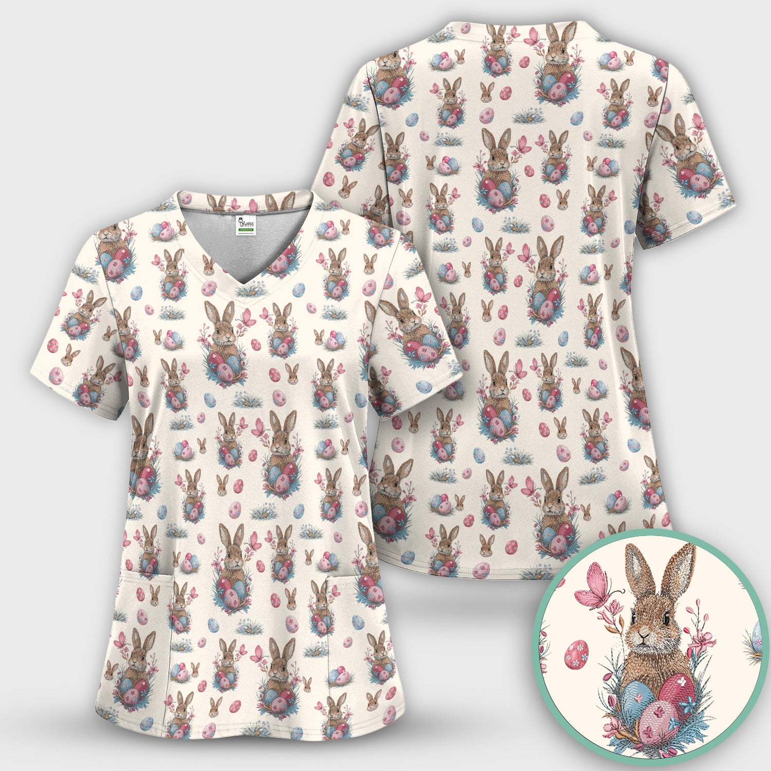 Pastel Easter Bunny Nest Pattern Scrub Top, Comfortable Scrubs for Nurses