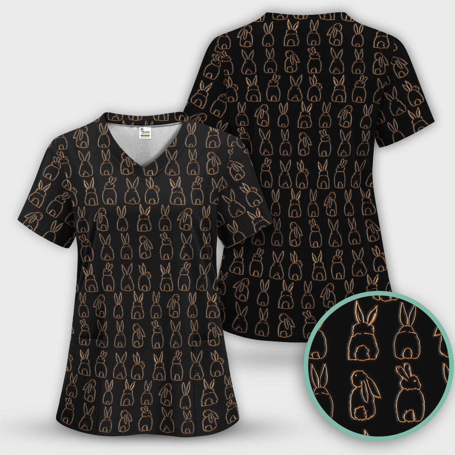 Cartoon Bunny Line Art Pattern Medical Scrub Top, Comfortable Scrubs for Nurses, Easter