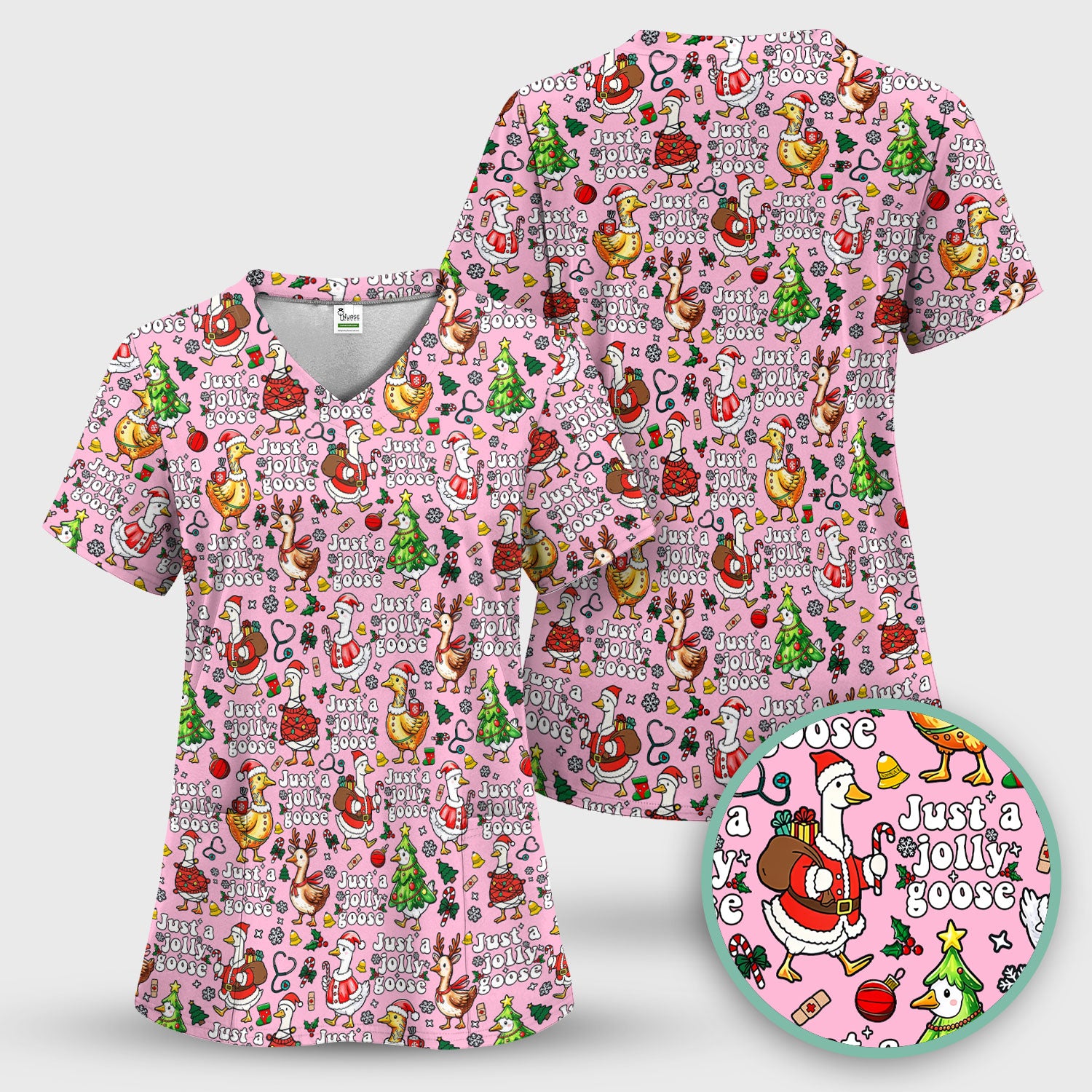 Christmas Goose Scrub Top for Nurse - Funny Jolly Holiday Medical Shirt for Women