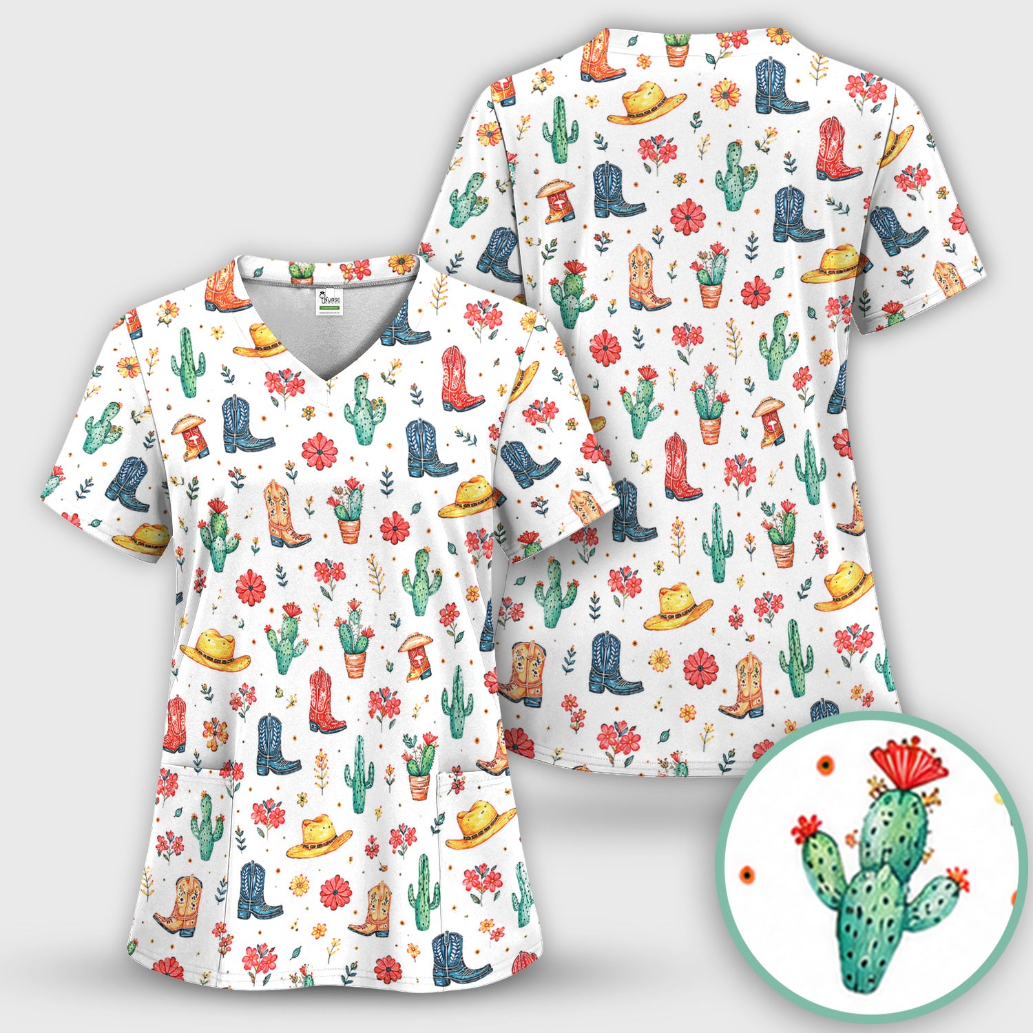 Whimsical Western Cactus Boots Pattern Scrub Top, Breathable Fabrics Nursing Uniform