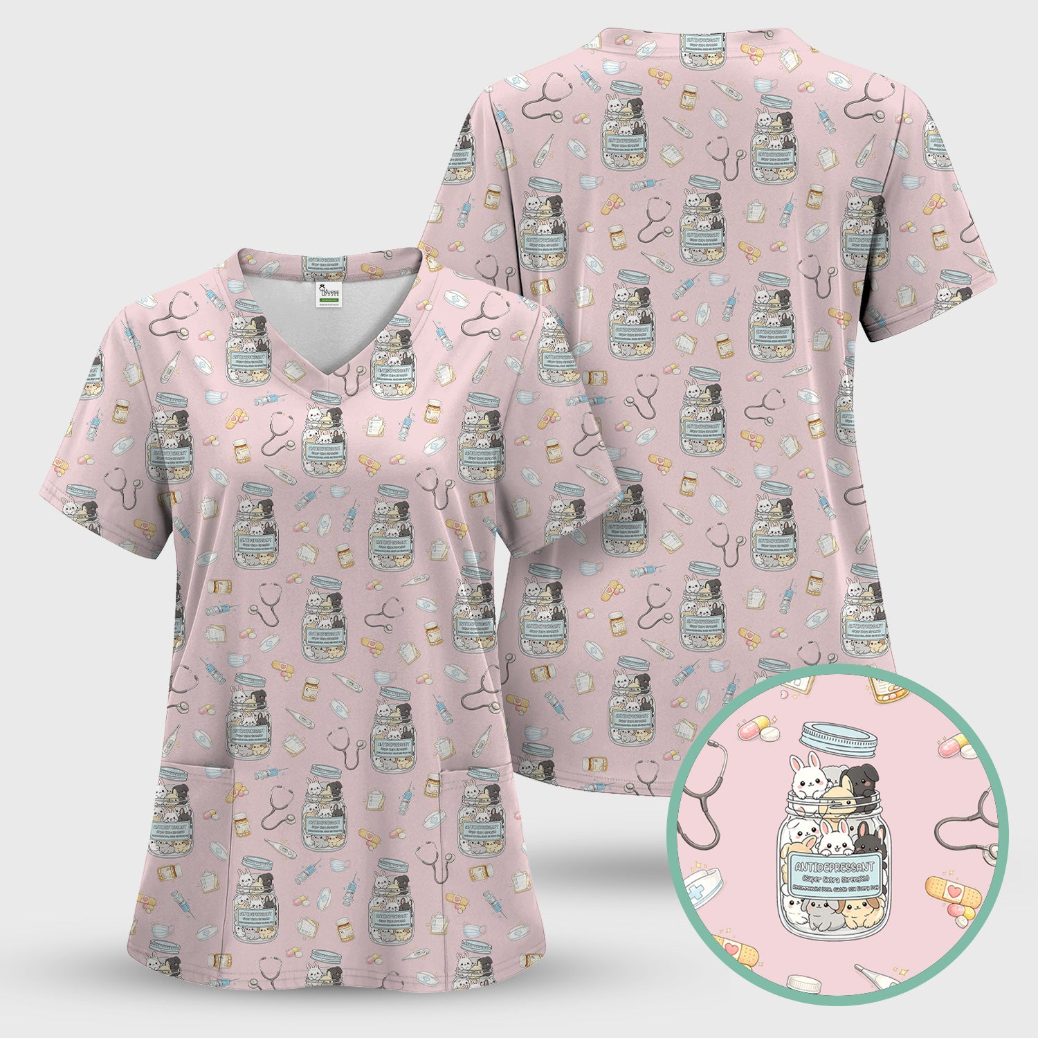 Whimsical Antidepressant Rabbit Jar Design Nurse Scrub Top, Soft & Breathable Workwear