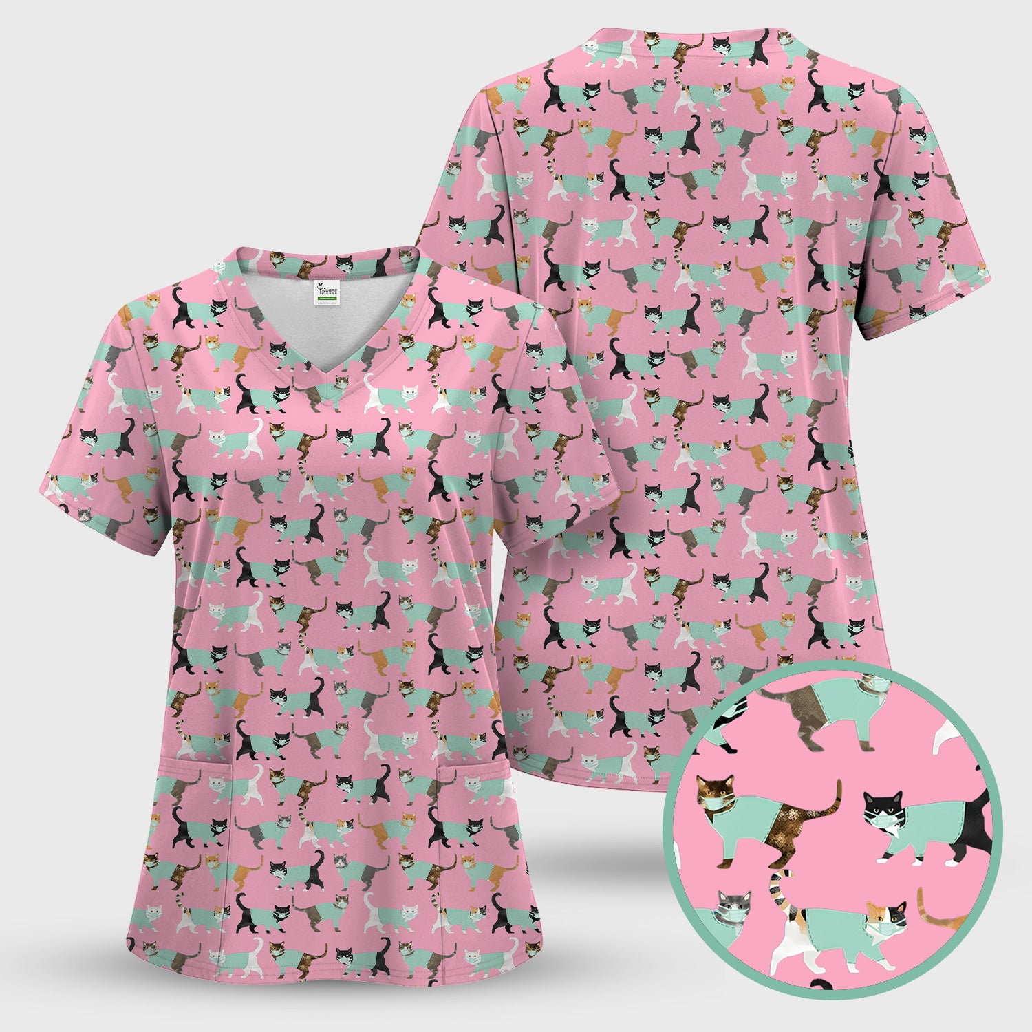 Playful Cat Nurse All Over Print Scrub Set, Scrub Pants and V Neck Top