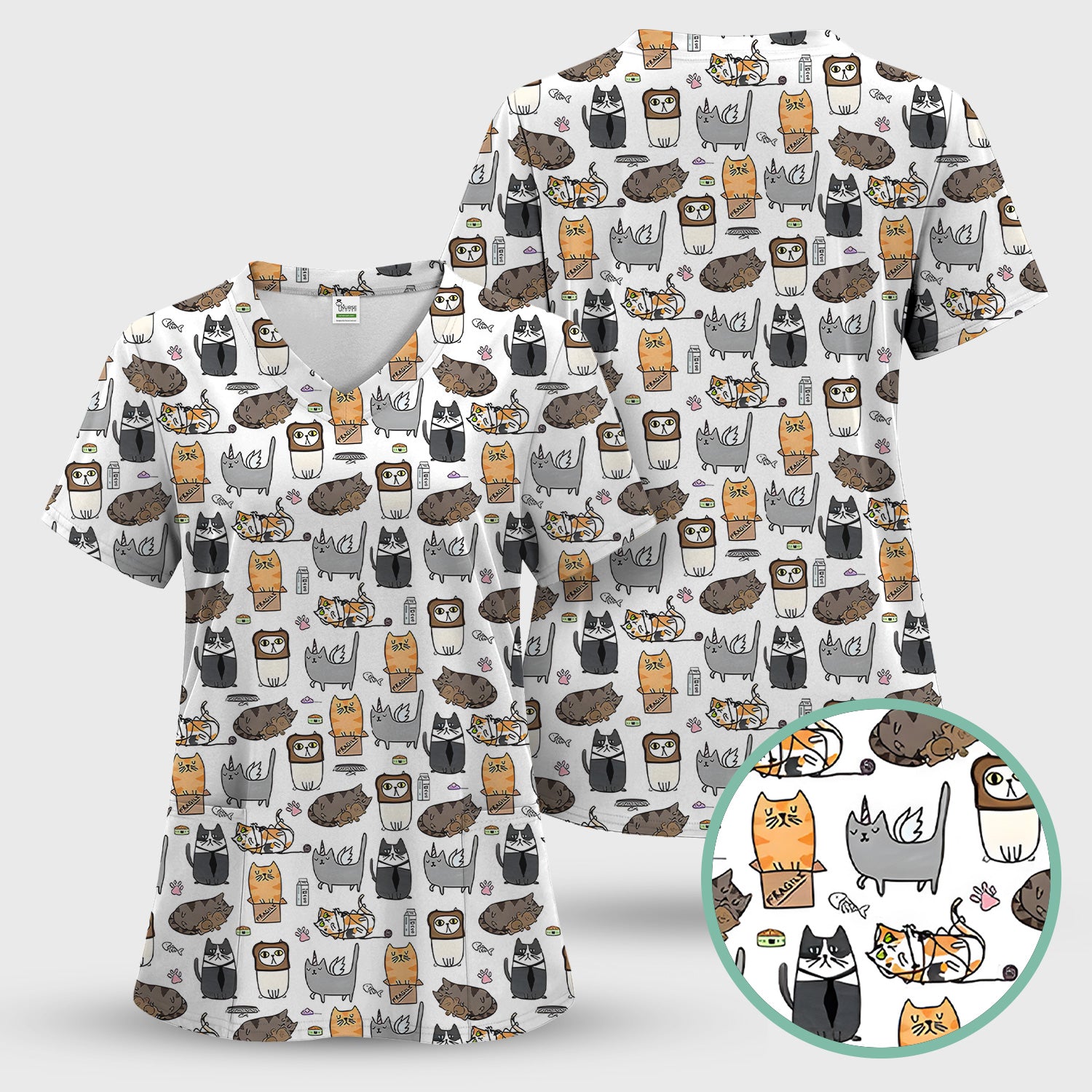 Lazy Cat Doodle Pattern Scrub Top, All Over Cozy Kitty Nursing Uniform for Women