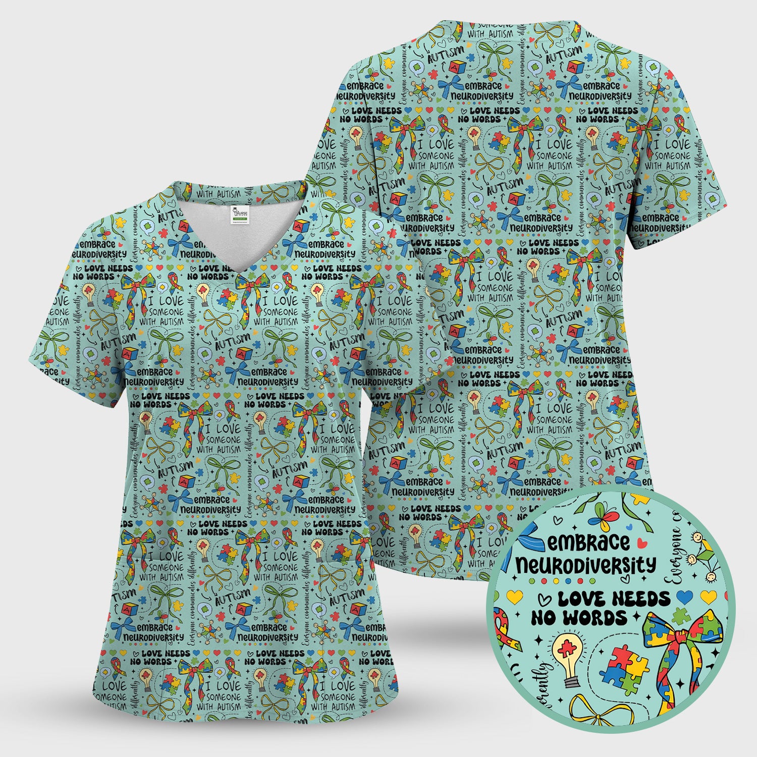 Autism Awareness Puzzle Ribbon Pattern Scrub Set, Scrub Pants and V Neck Top