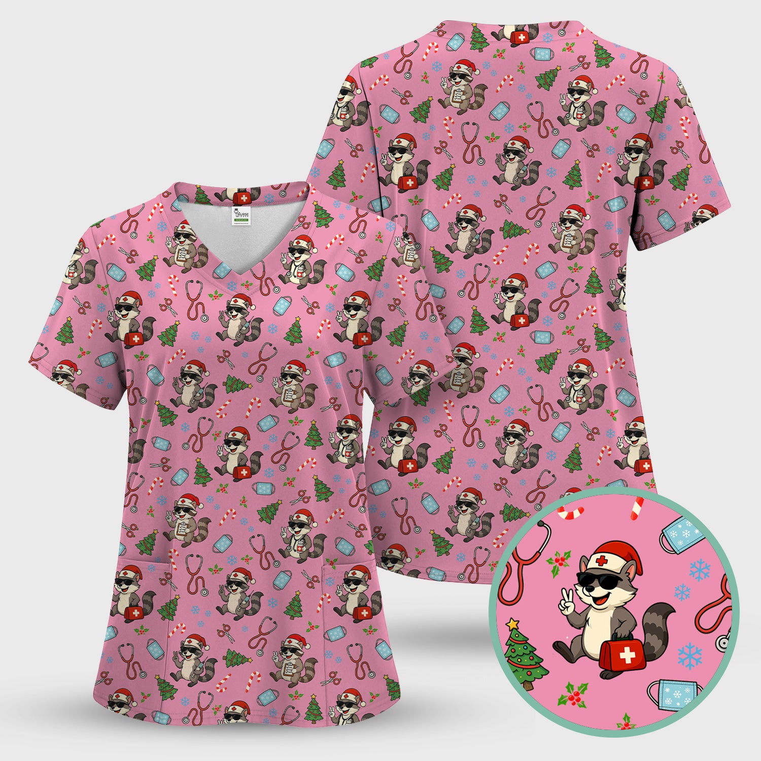 Funny Christmas Nurse Scrub Set - Raccoon Pattern with Santa Hat, Stethoscope and Tree - Cute Holiday Medical Scrubs Pants and Top Gift for RN CNA LPN