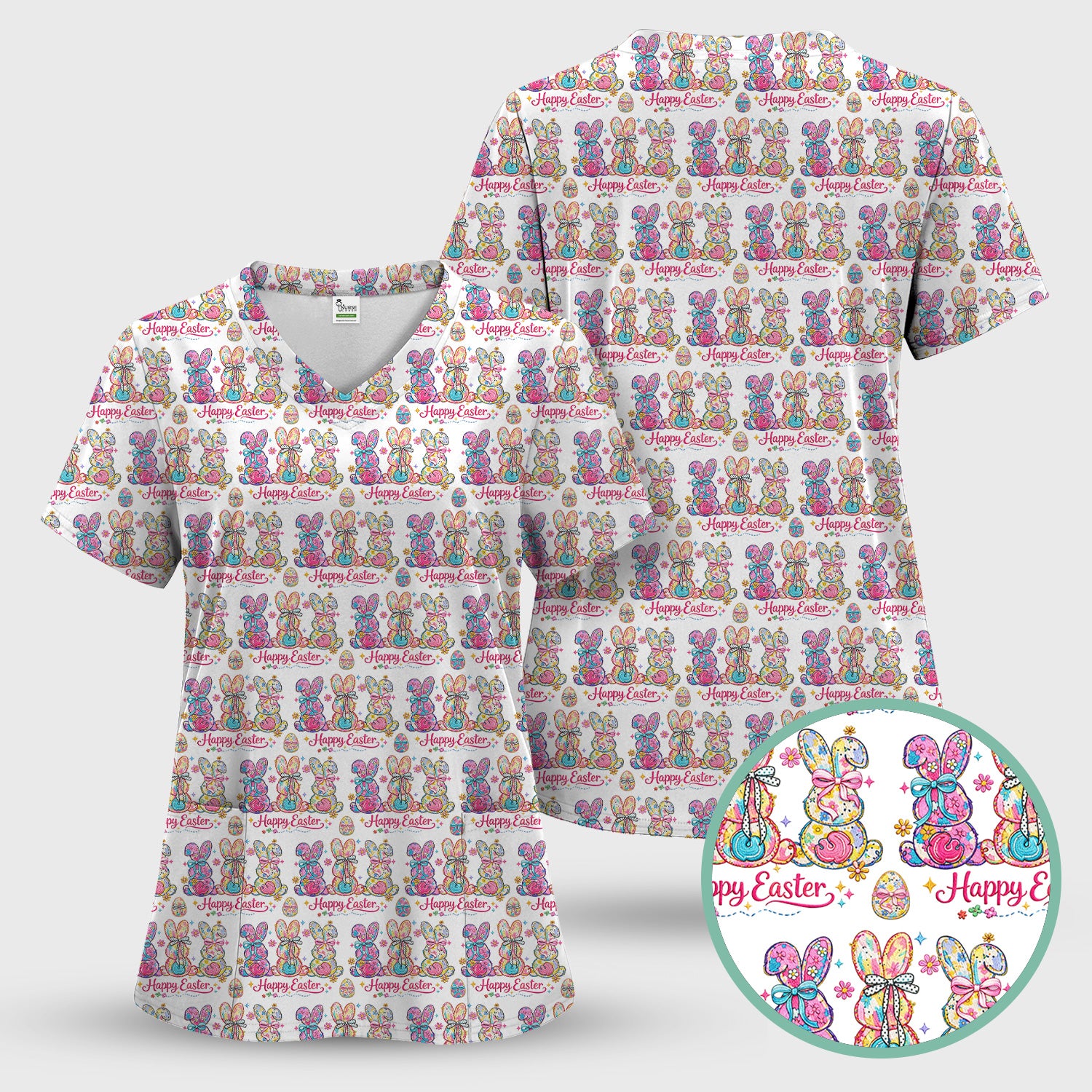 Pink Happy Easter Bunny Pattern Scrub Set, Scrub Pants and V Neck Top